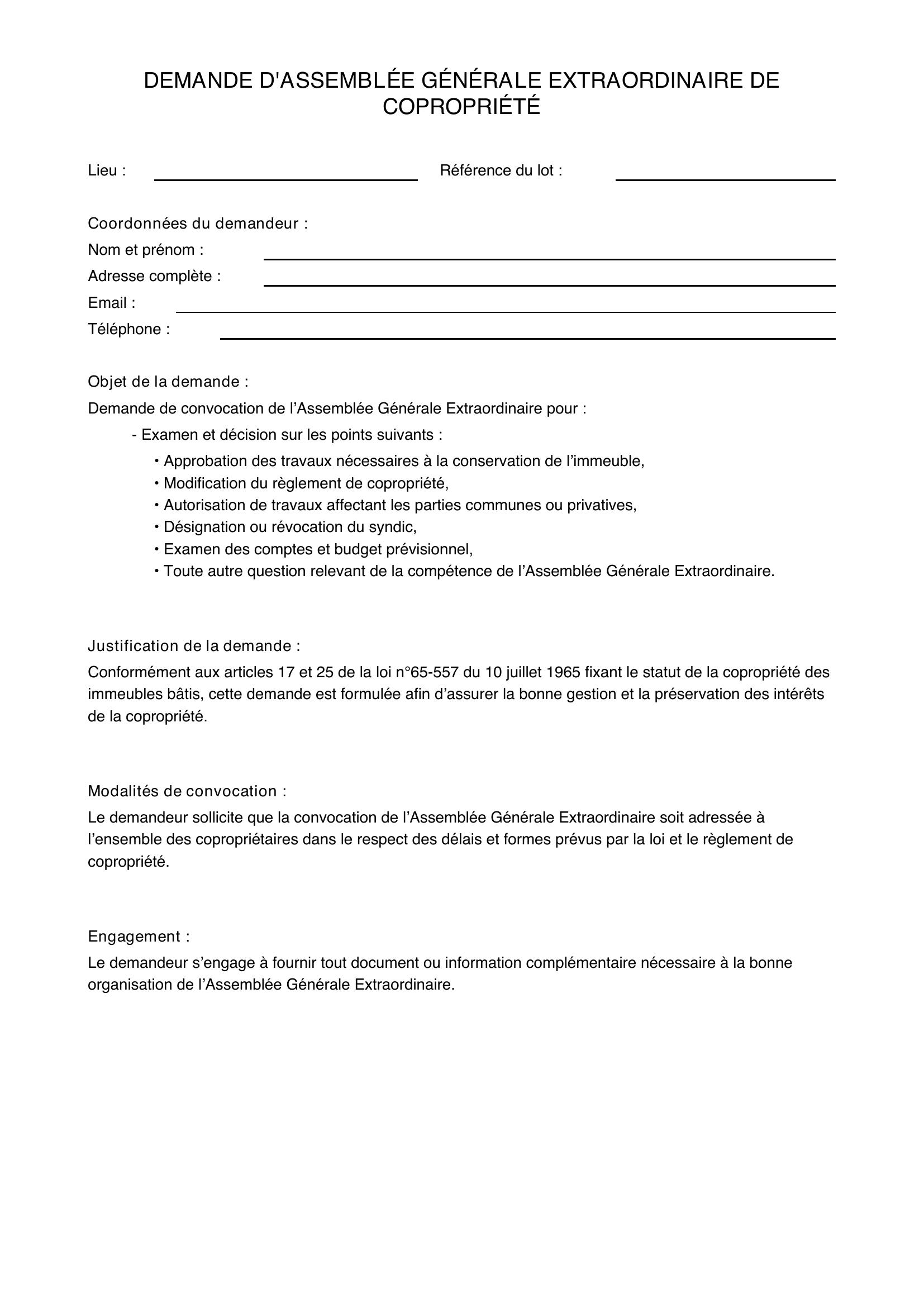 Modèle Demande Assemblée Générale Extraordinaire Copropriété