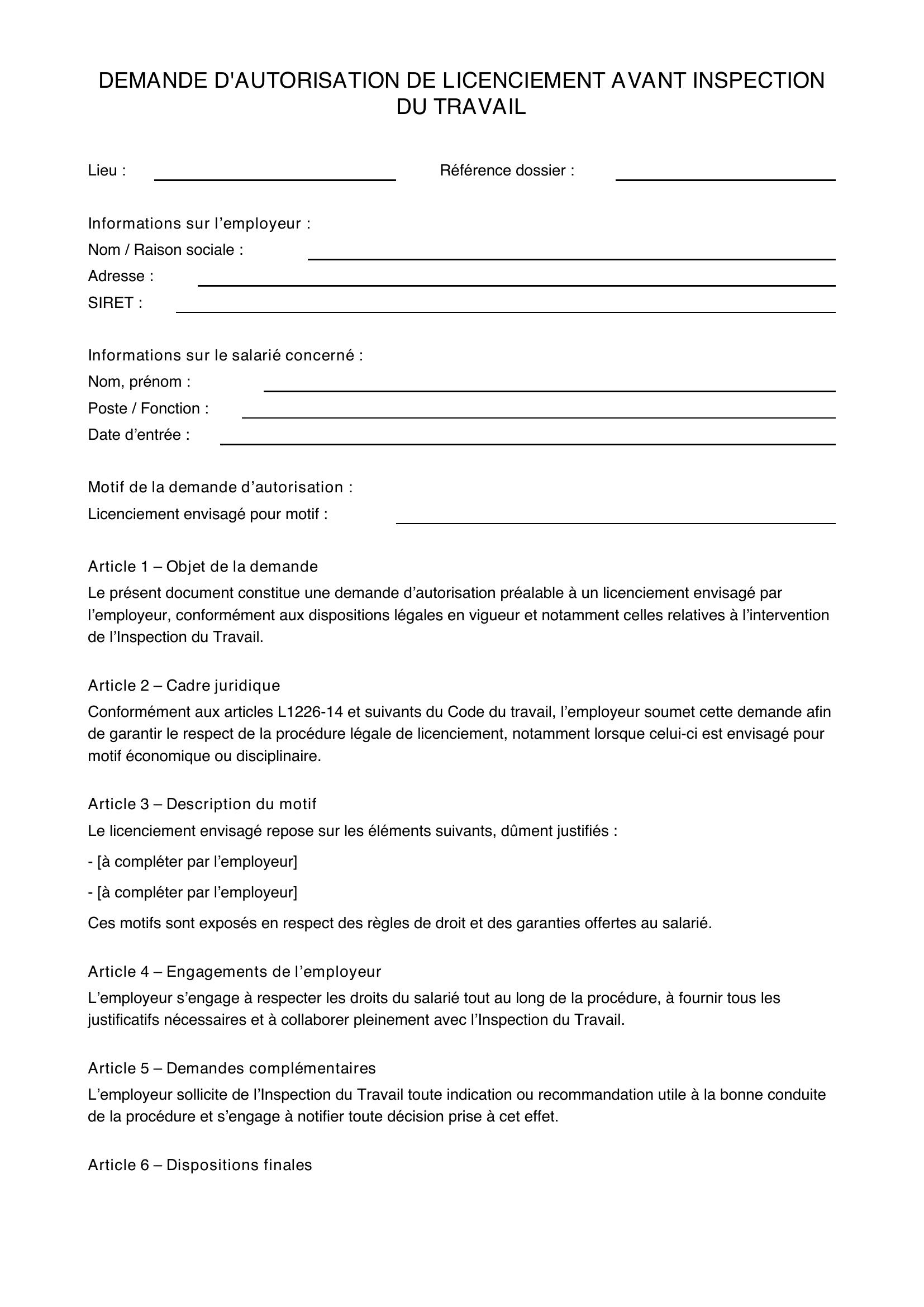 Modèle Demande Autorisation Licenciement Inspection Du Travail