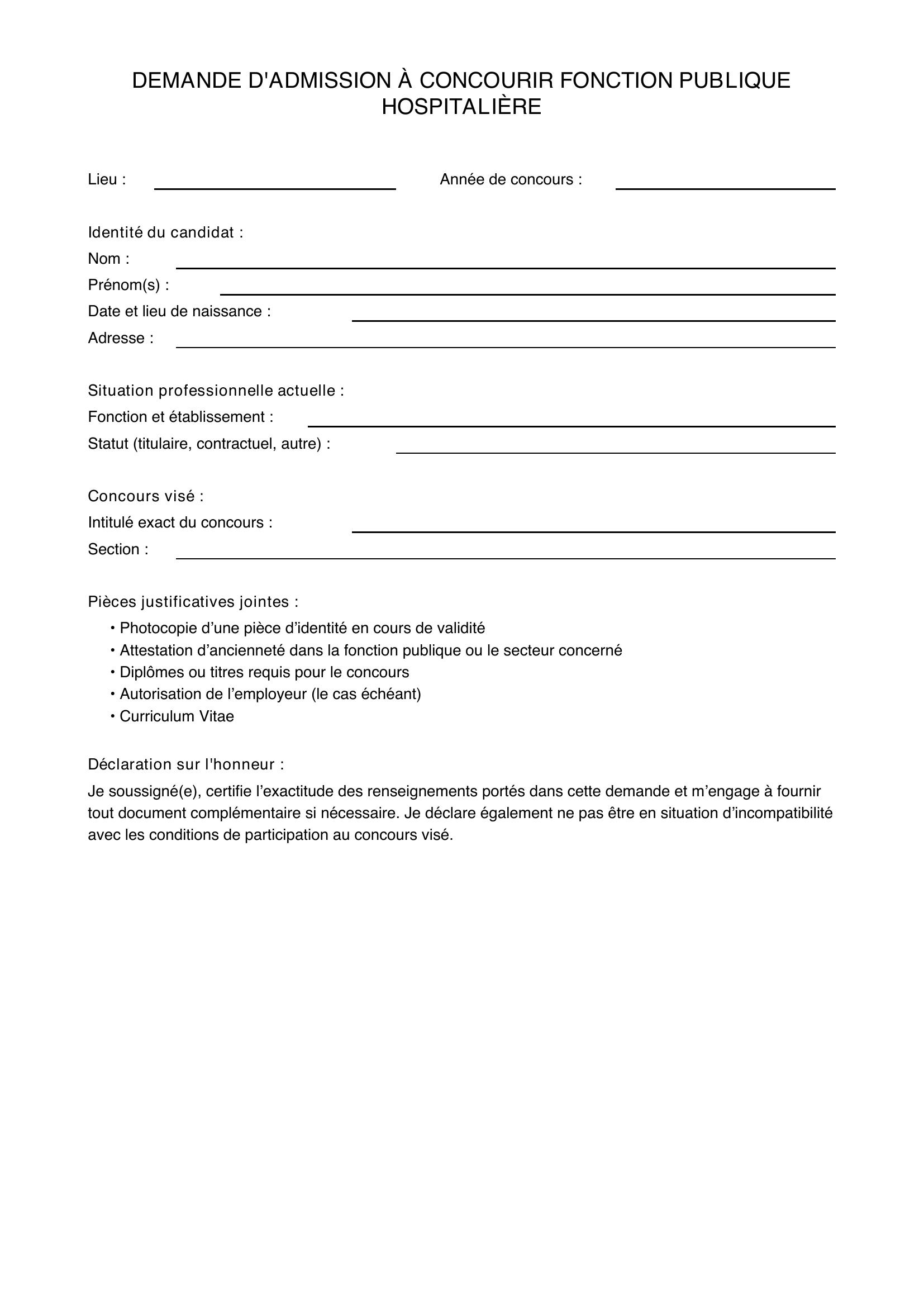 Modele Demande D'Admission À Concourir Fonction Publique Hospitalière