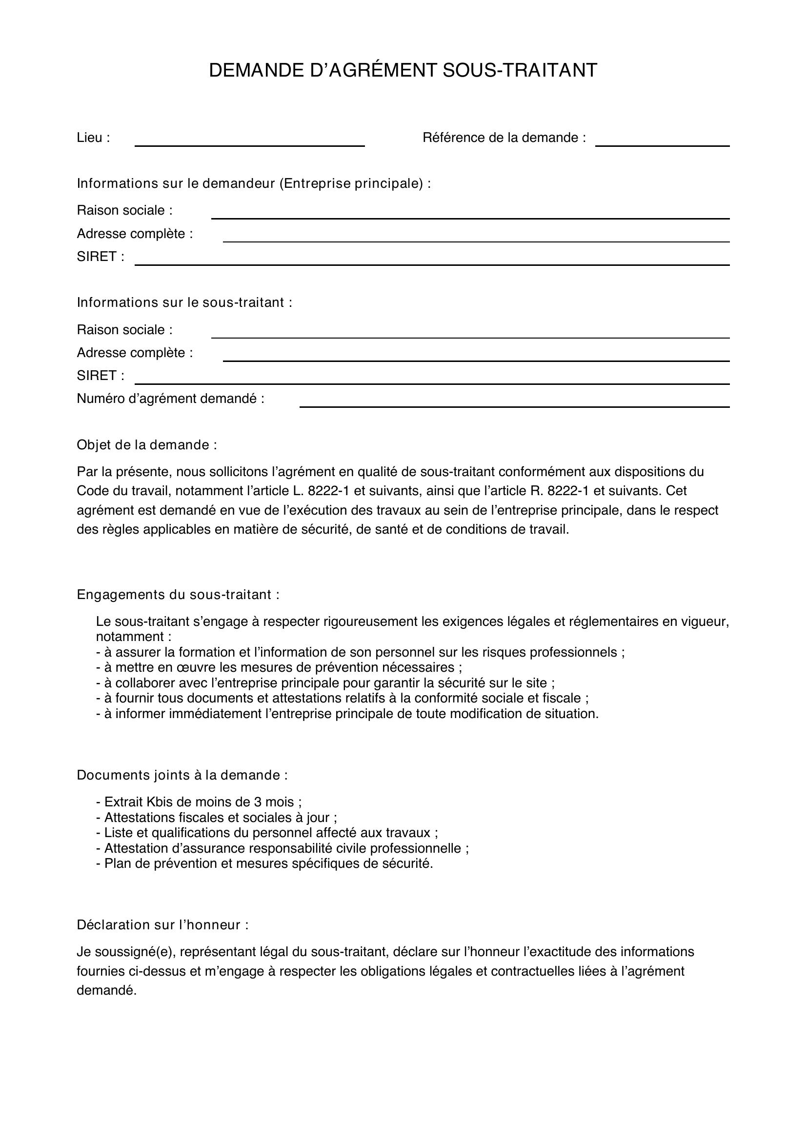 Demande D'Agrément Sous Traitant