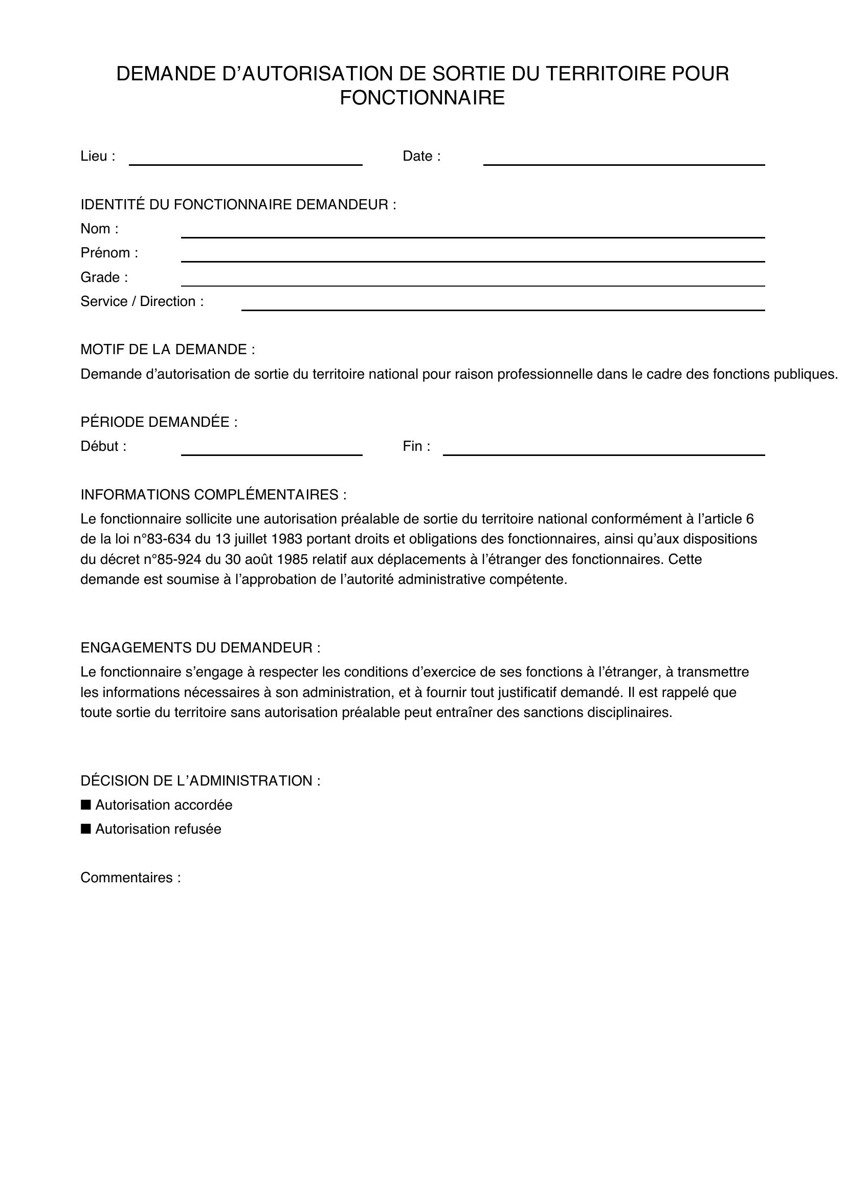Demande D'Autorisation De Sortie Du Territoire Pour Fonctionnaire