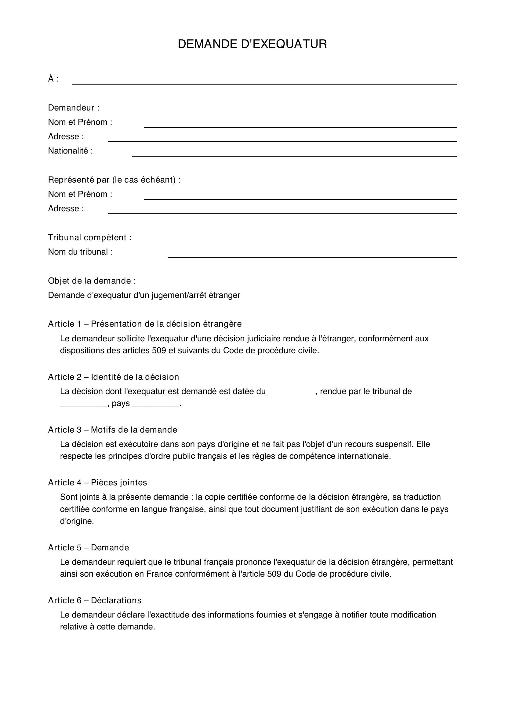 Modèle De Demande D'Exequatur