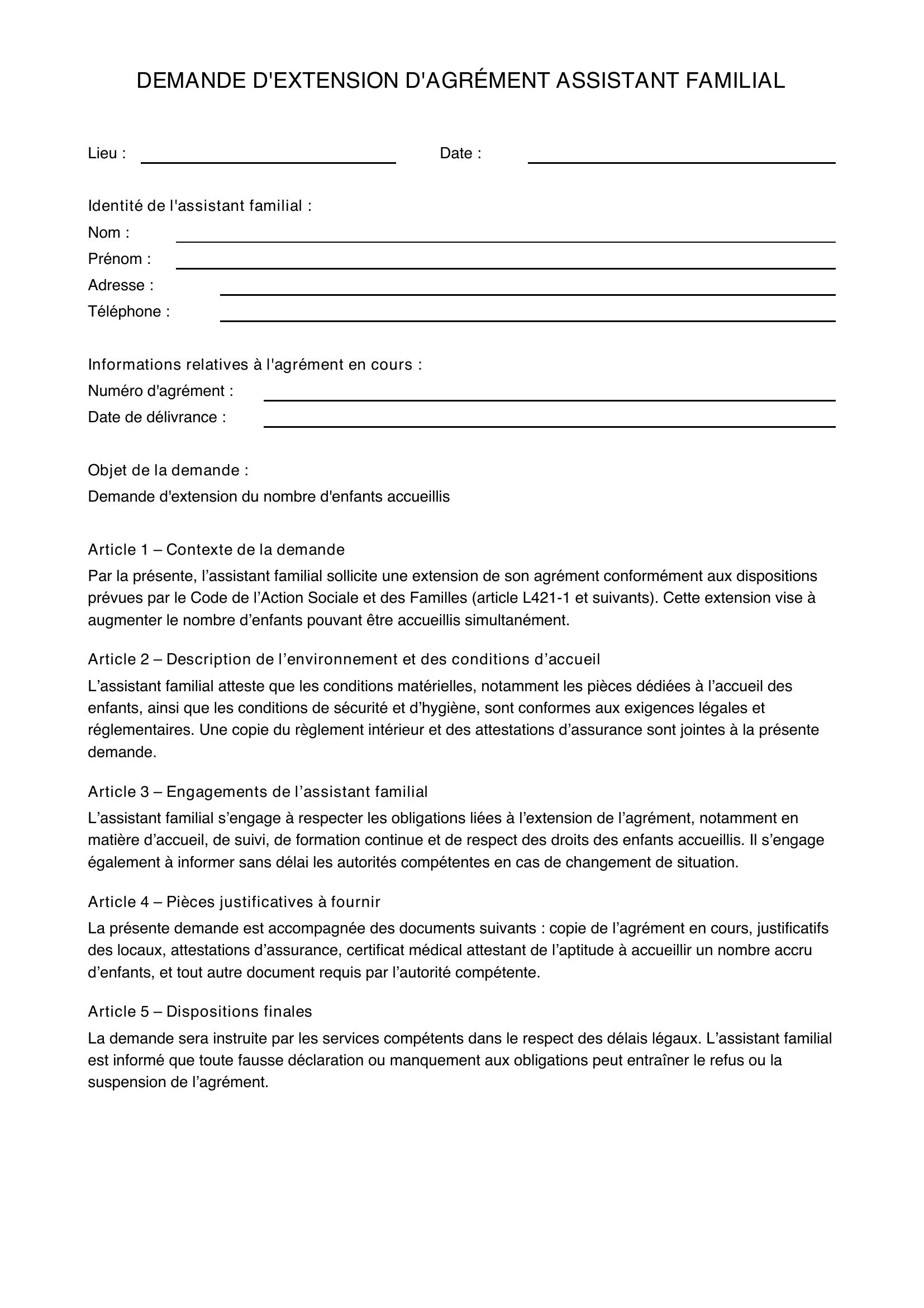 Demande D'Extension D'Agrément Assistant Familial
