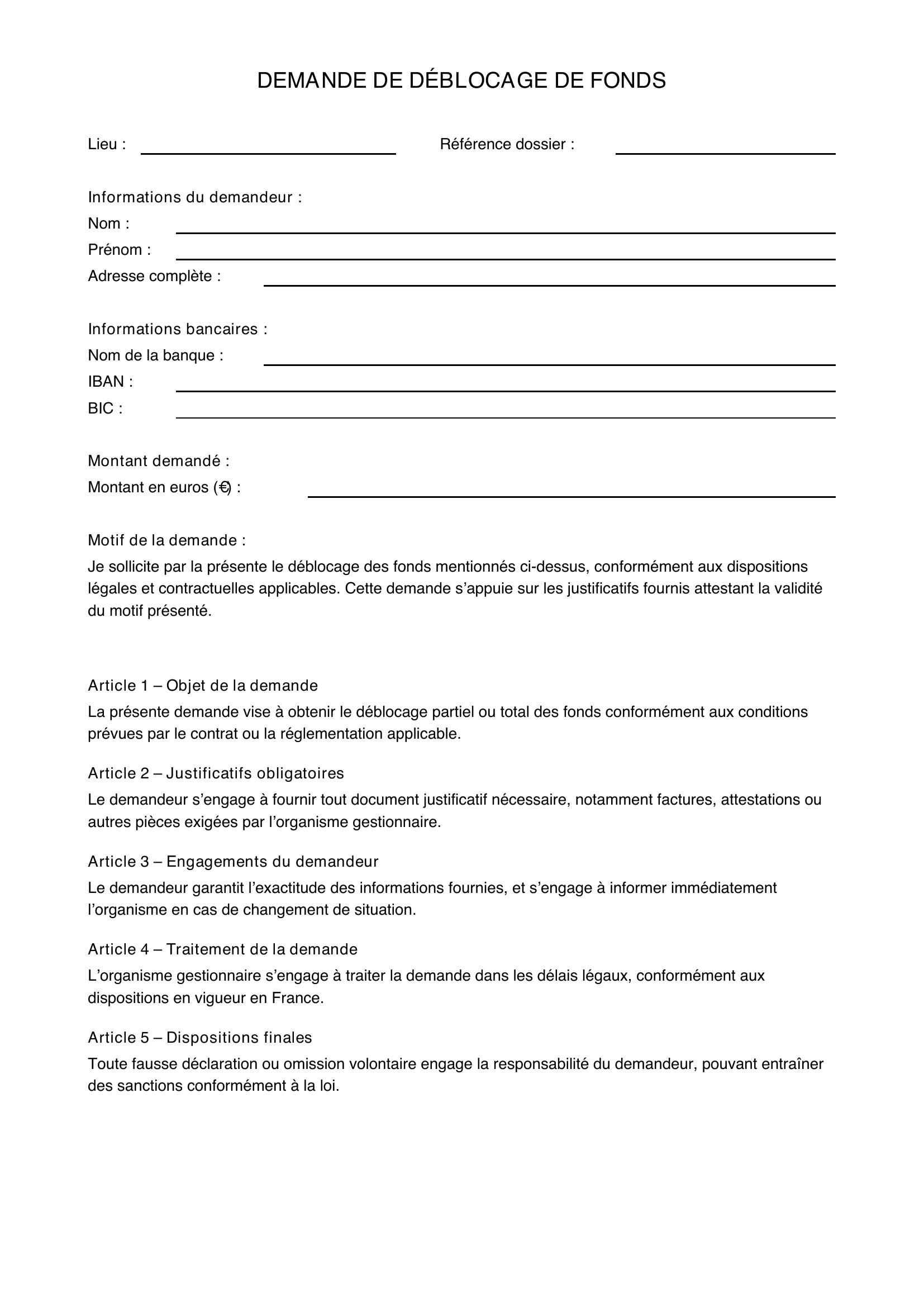 Modèle Demande De Déblocage De Fond