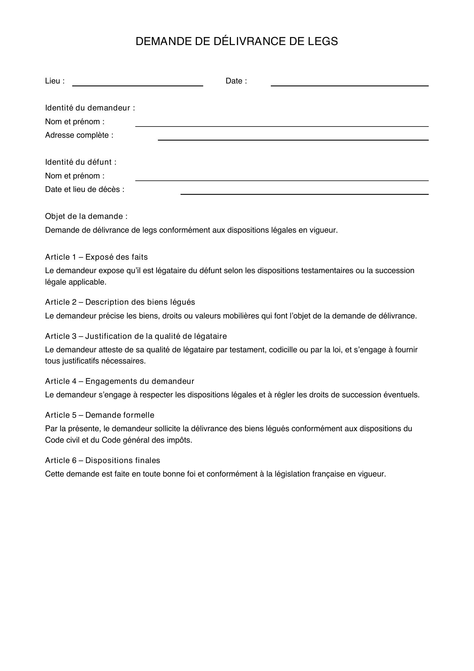 Modèle De Demande De Délivrance De Legs