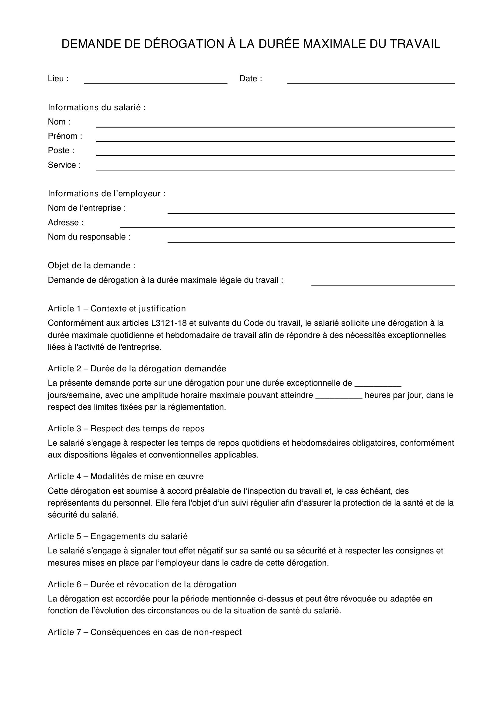 Modèle De Demande De Dérogation À La Durée Maximale Du Travail