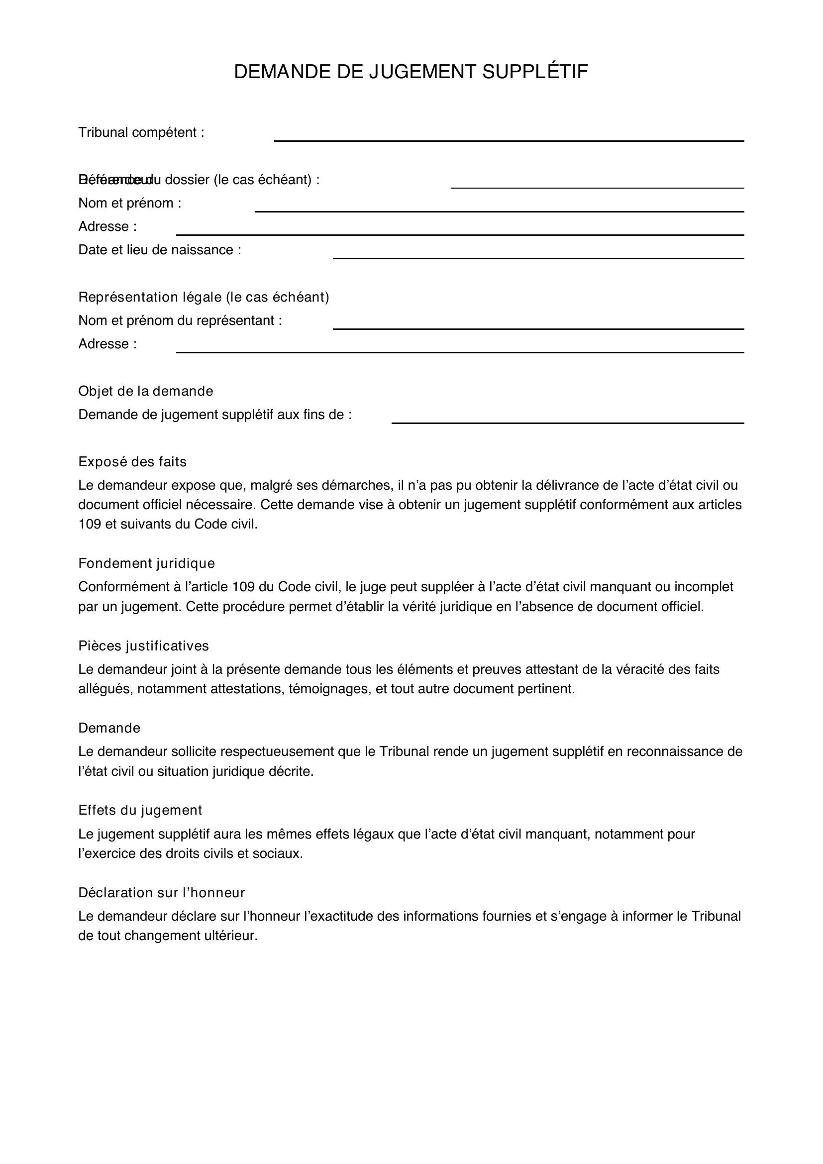 Modèle De Demande De Jugement Supplétif