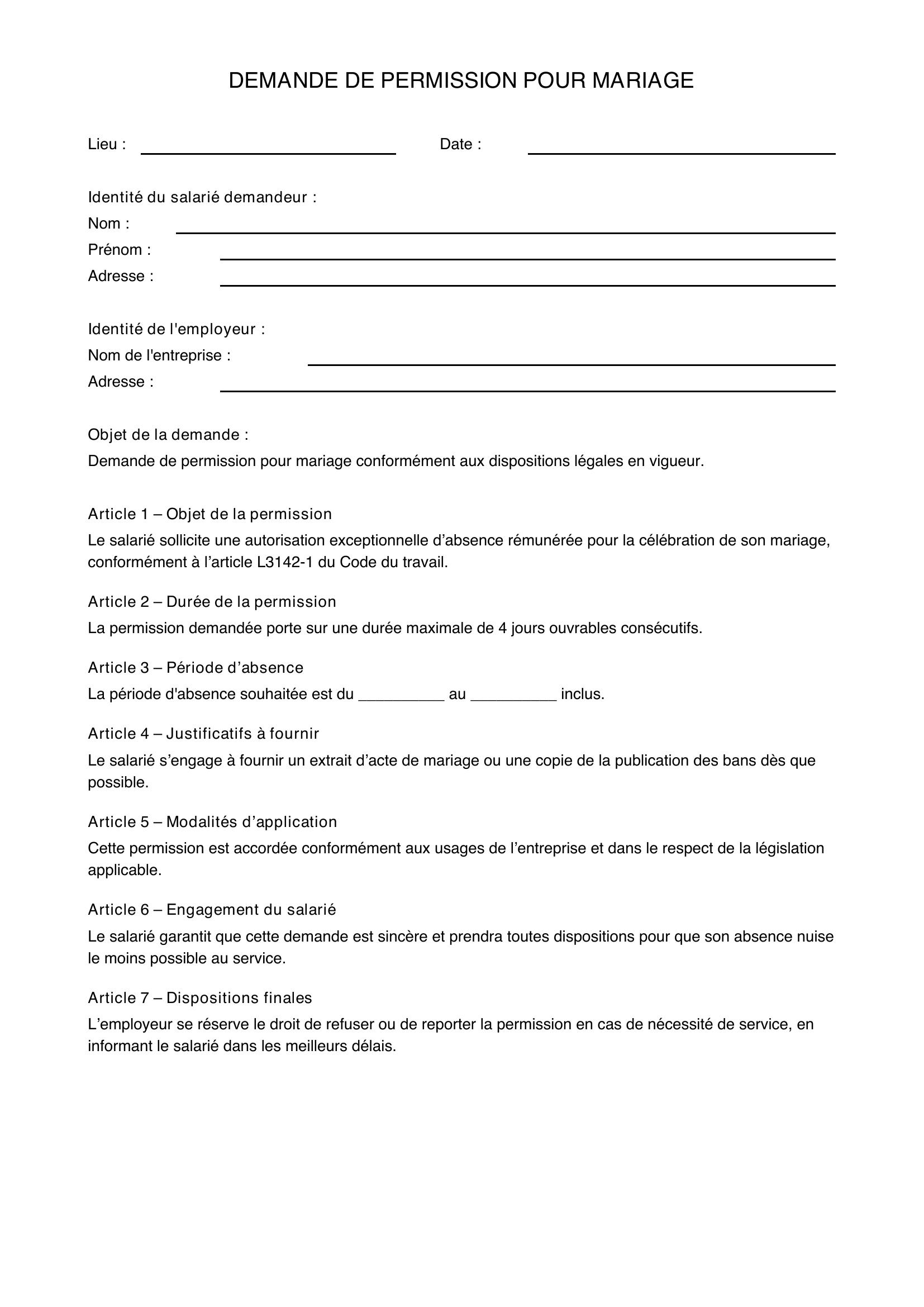 Demande De Permission Pour Mariage
