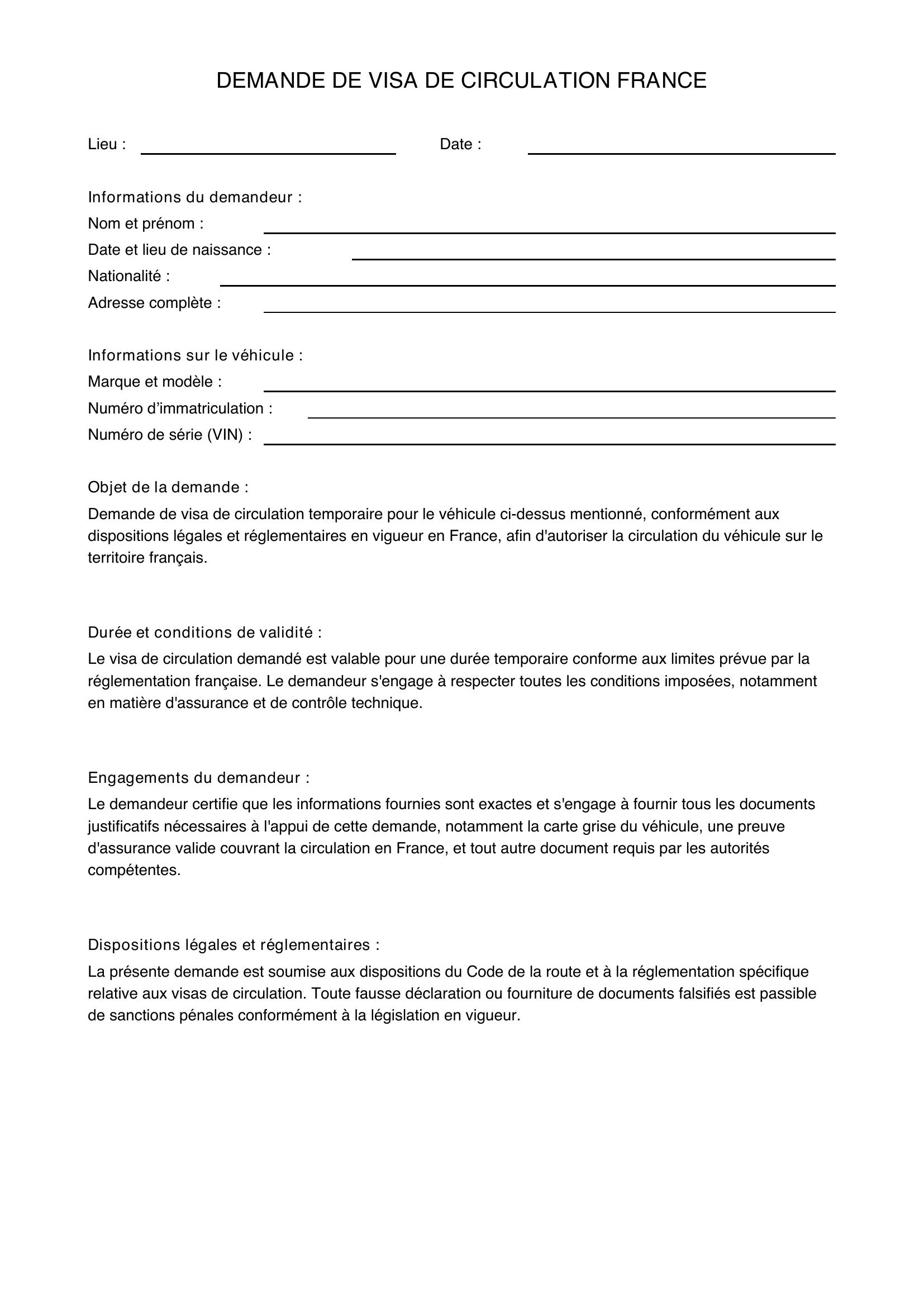 Modèle Demande De Visa De Circulation France