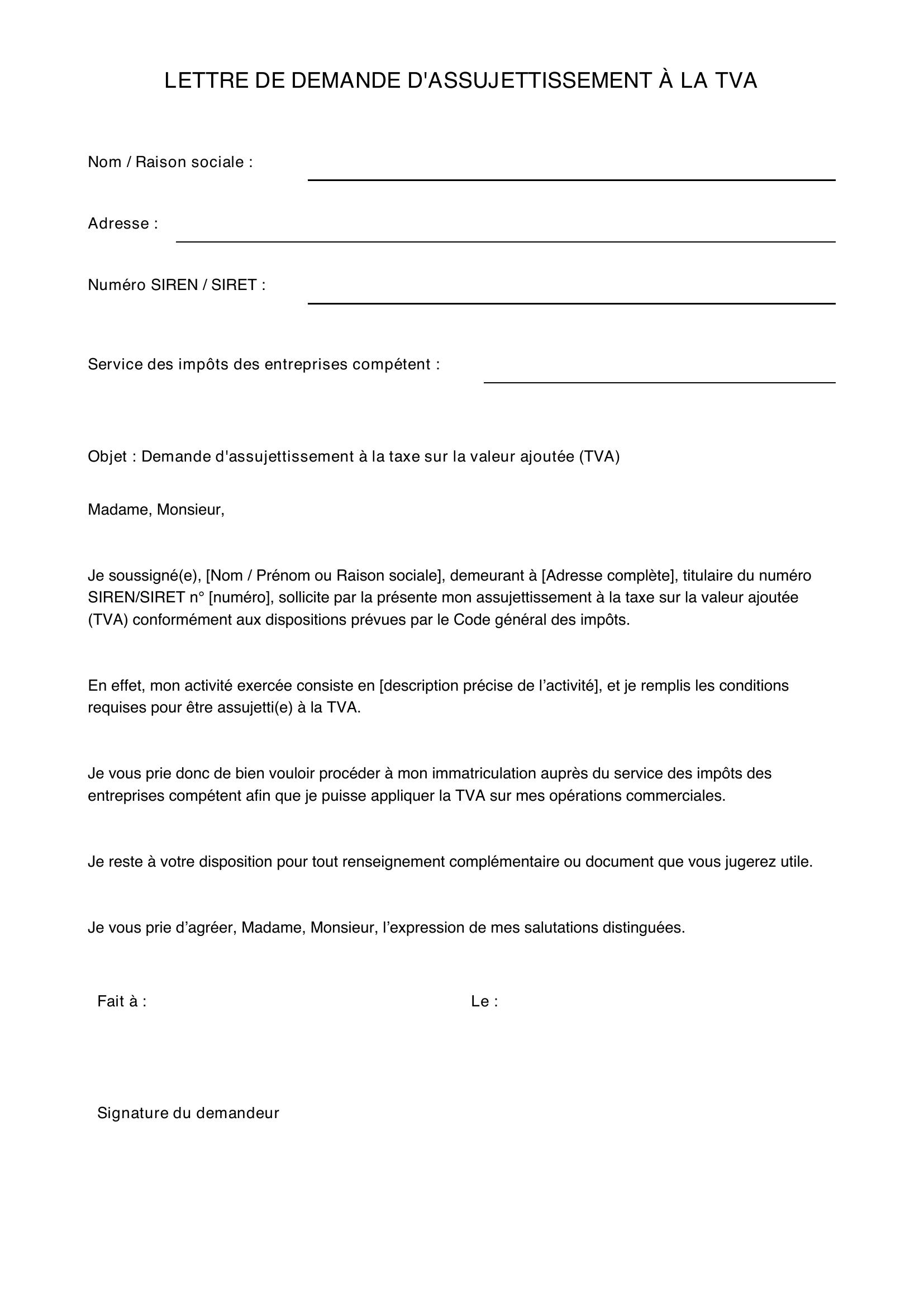 Modèle De Lettre De Demande D'Assujettissement À La Tva
