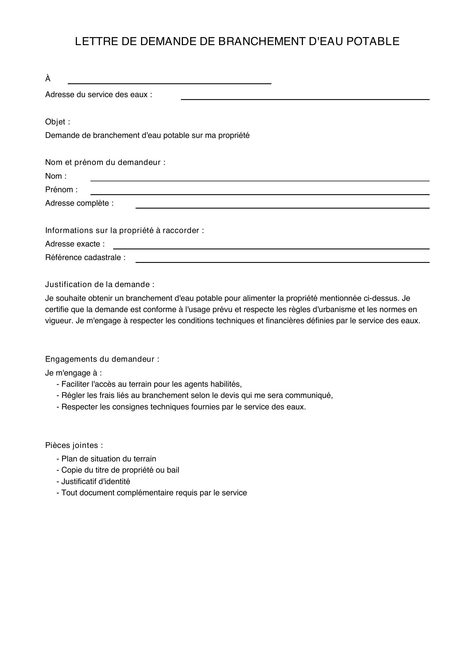 Modèle Lettre De Demande De Branchement D'Eau Potable