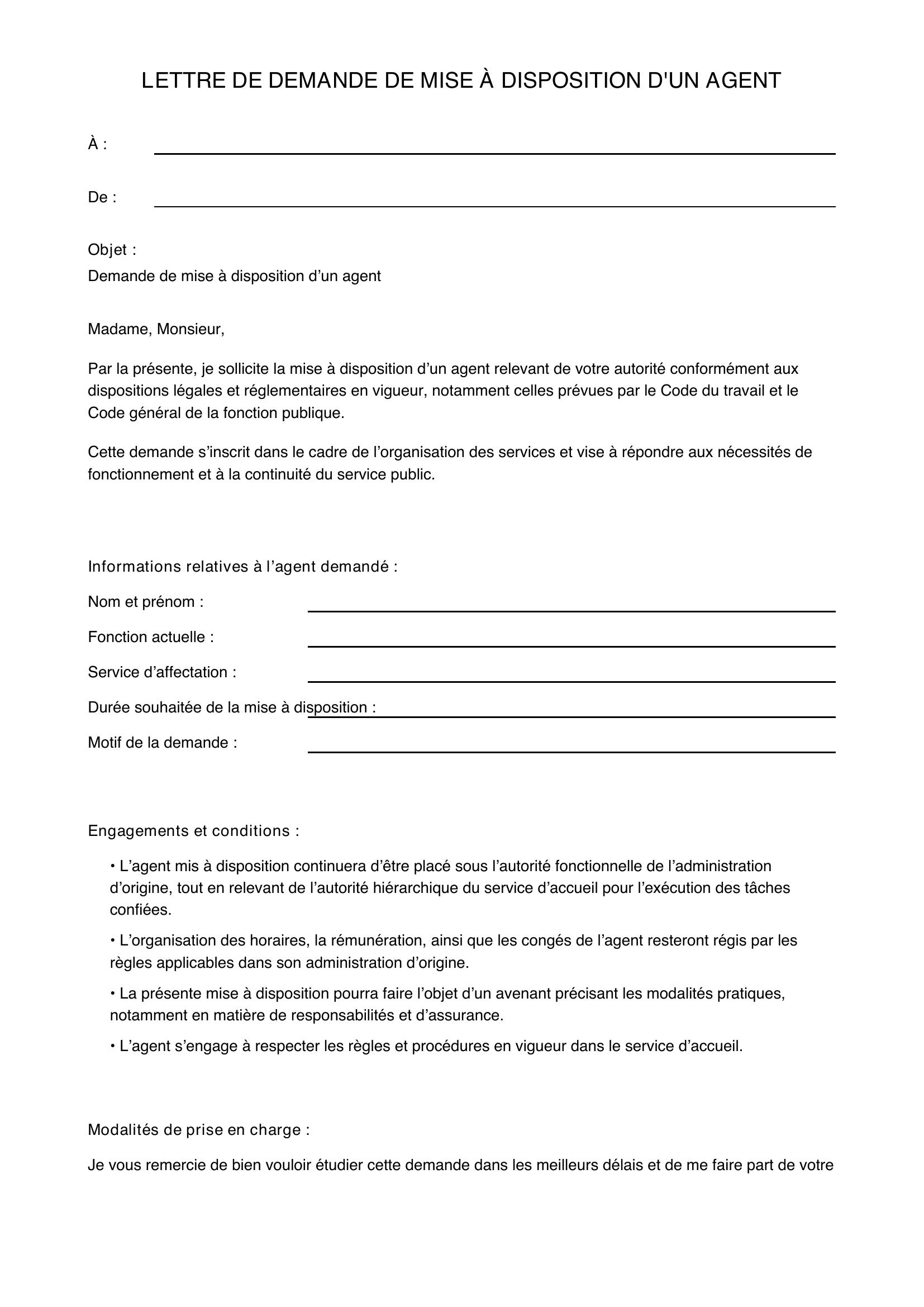 Modèle De Lettre De Demande De Mise À Disposition D'Un Agent