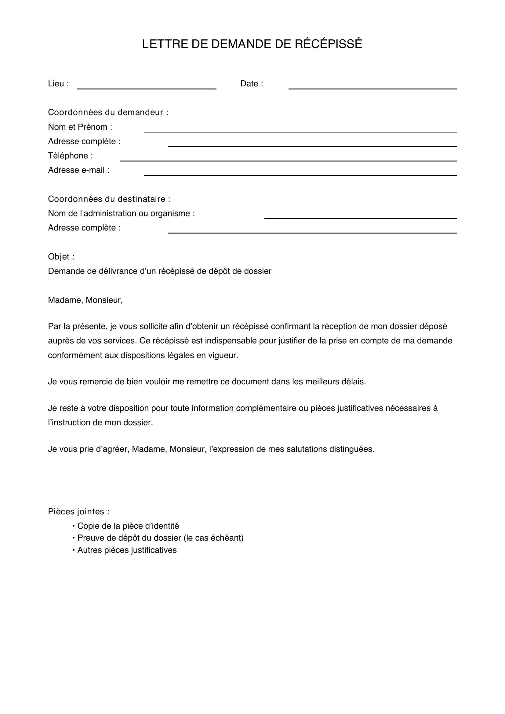Modèle De Lettre De Demande De Récépissé
