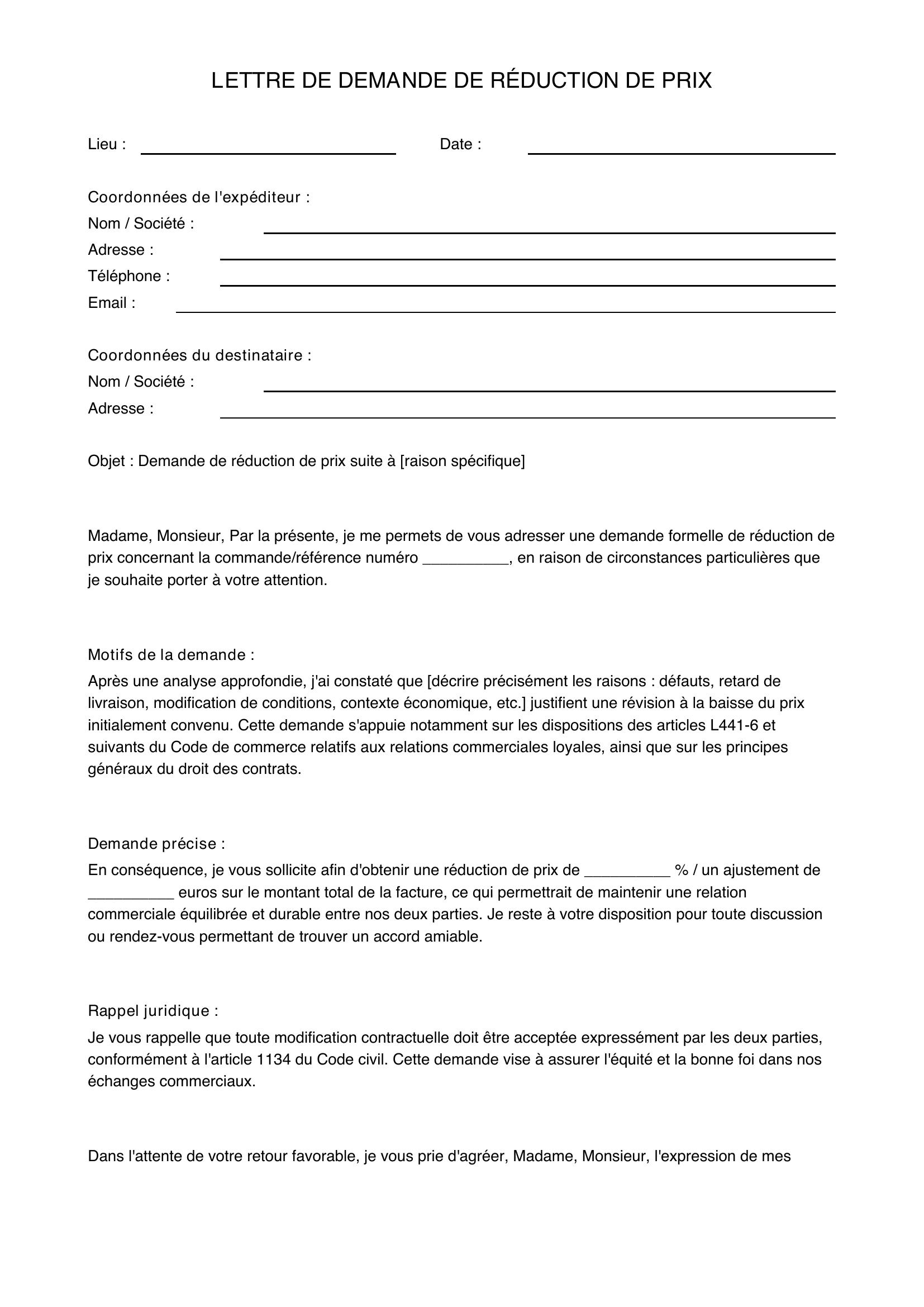 Lettre De Demande De Réduction De Prix