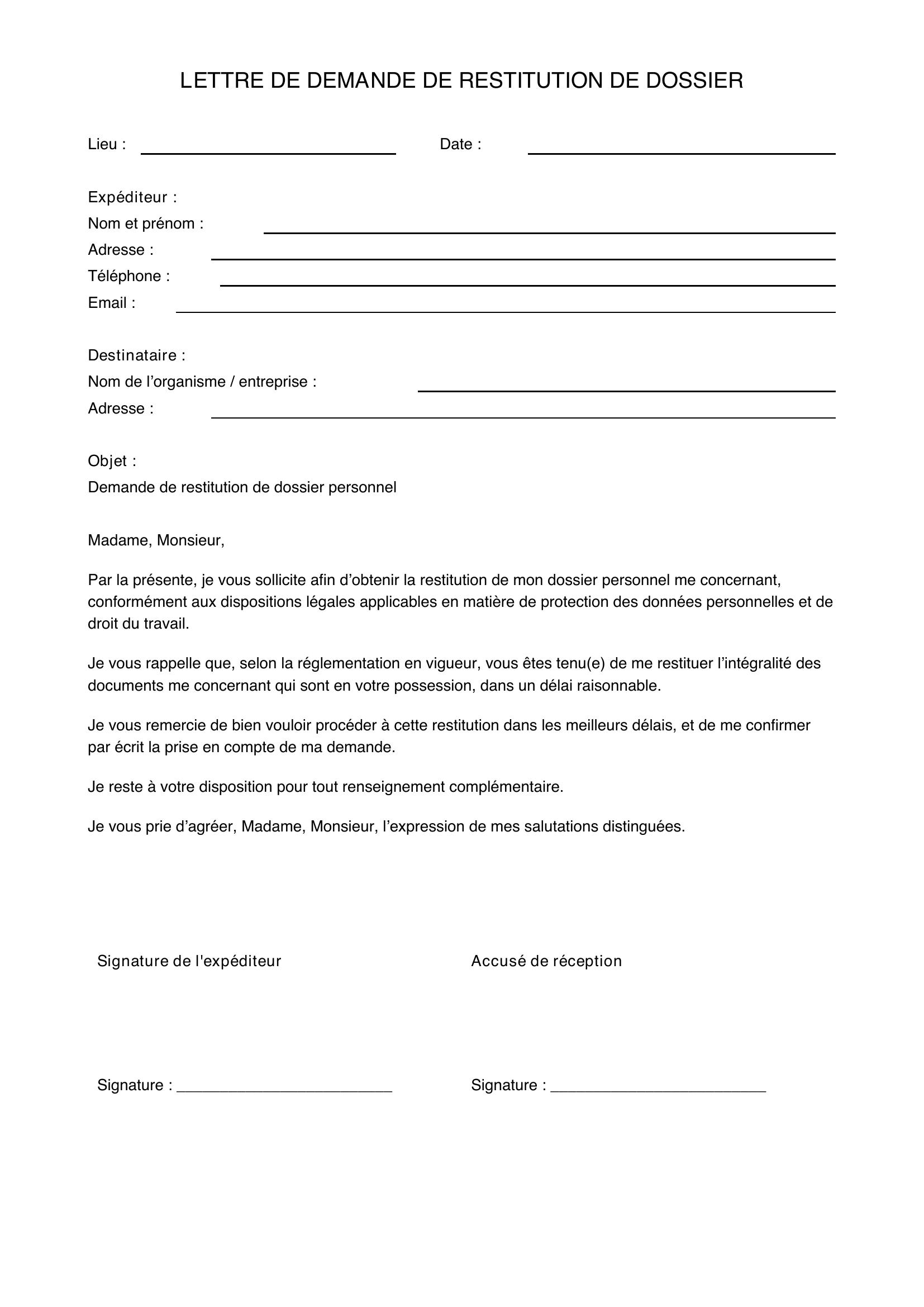 Modèle Lettre De Demande De Restitution De Dossier