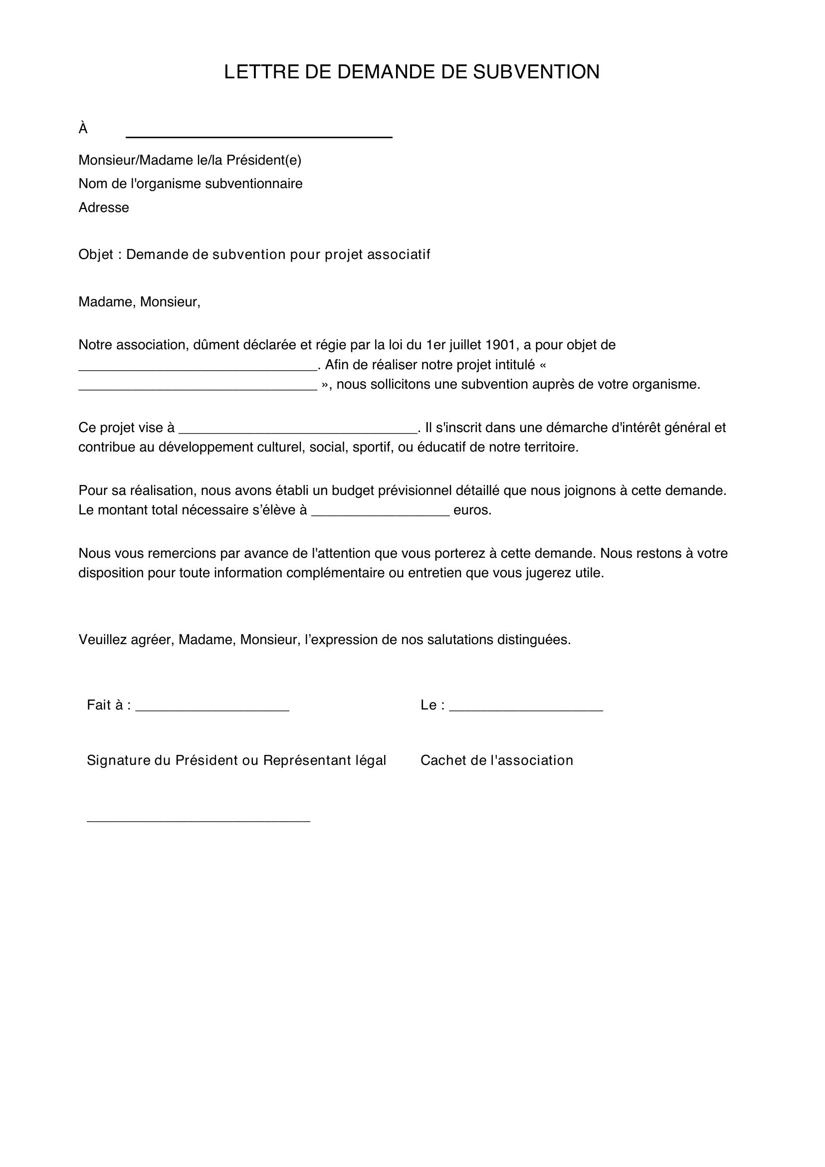 Lettre De Demande De Subvention