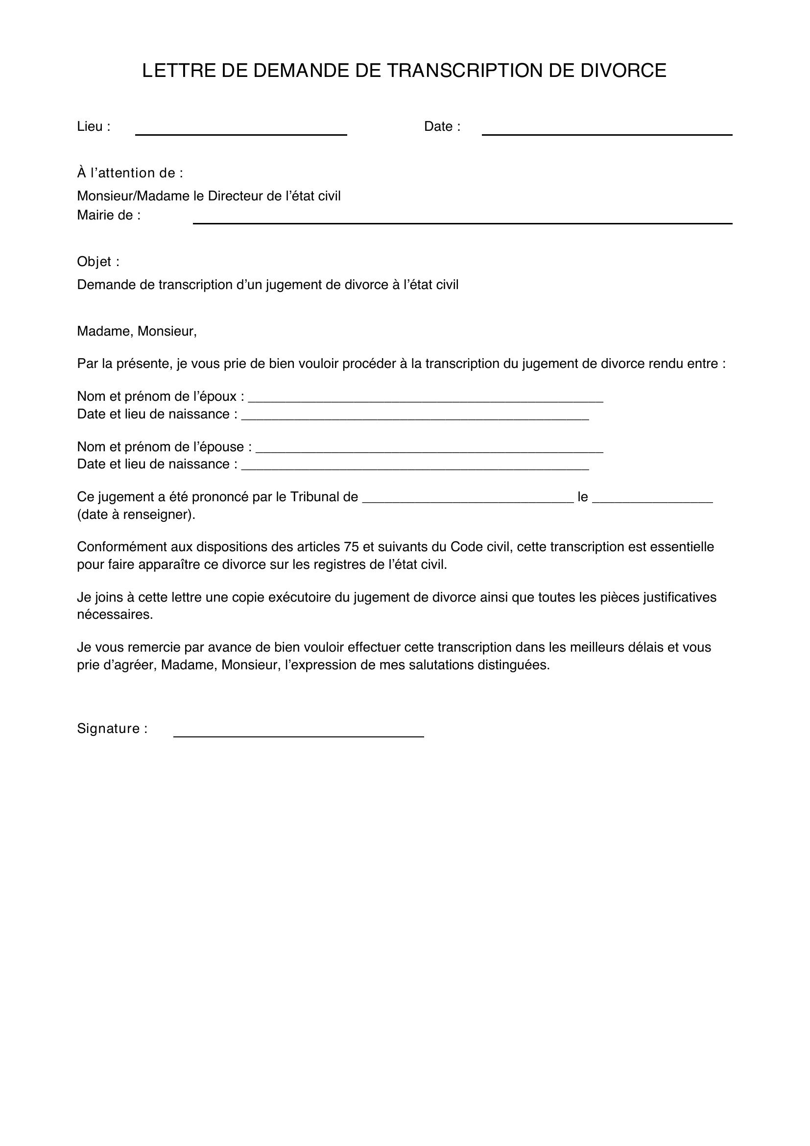 Modèle De Lettre De Demande De Transcription De Divorce