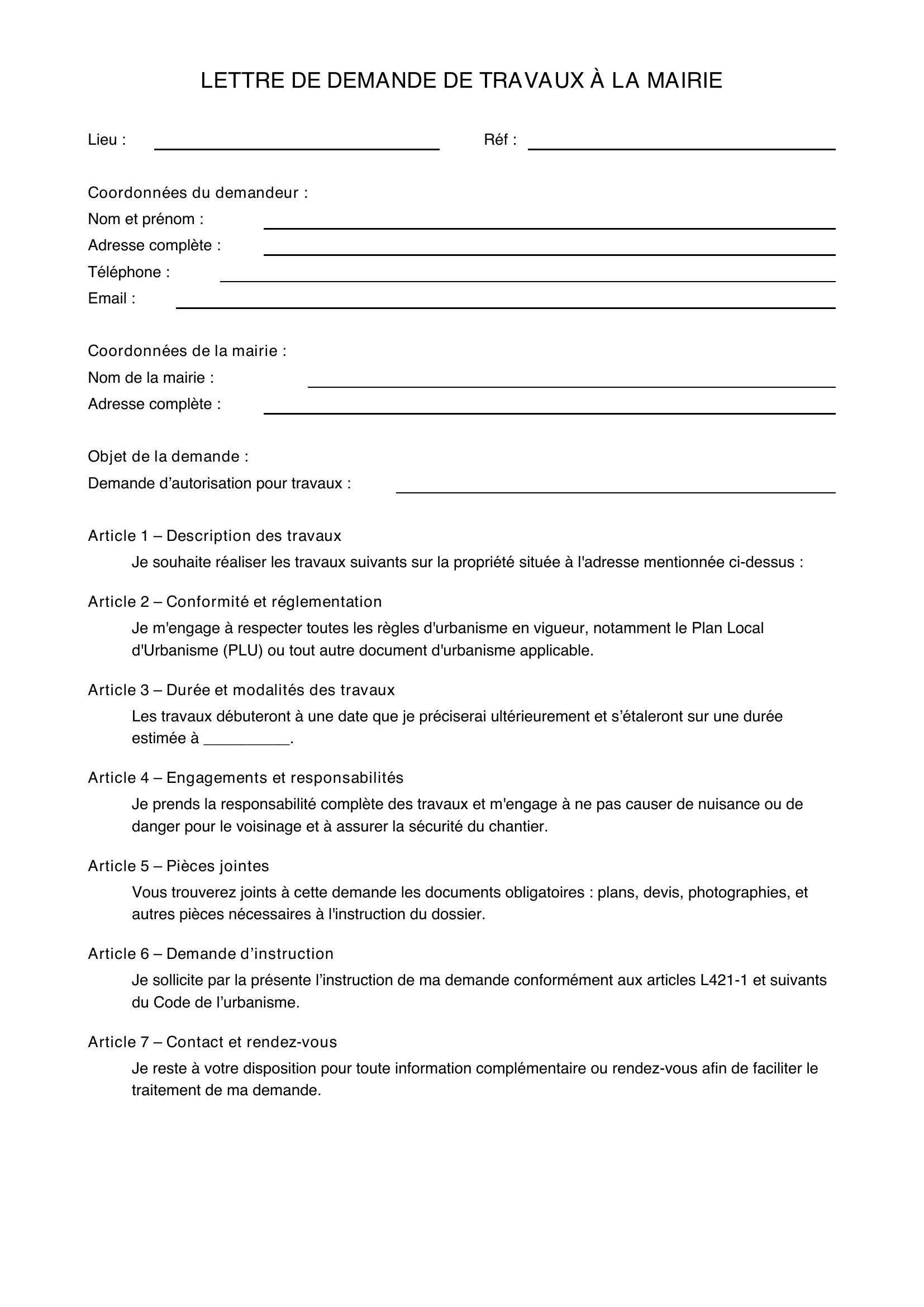 Modèle De Lettre De Demande De Travaux À La Mairie