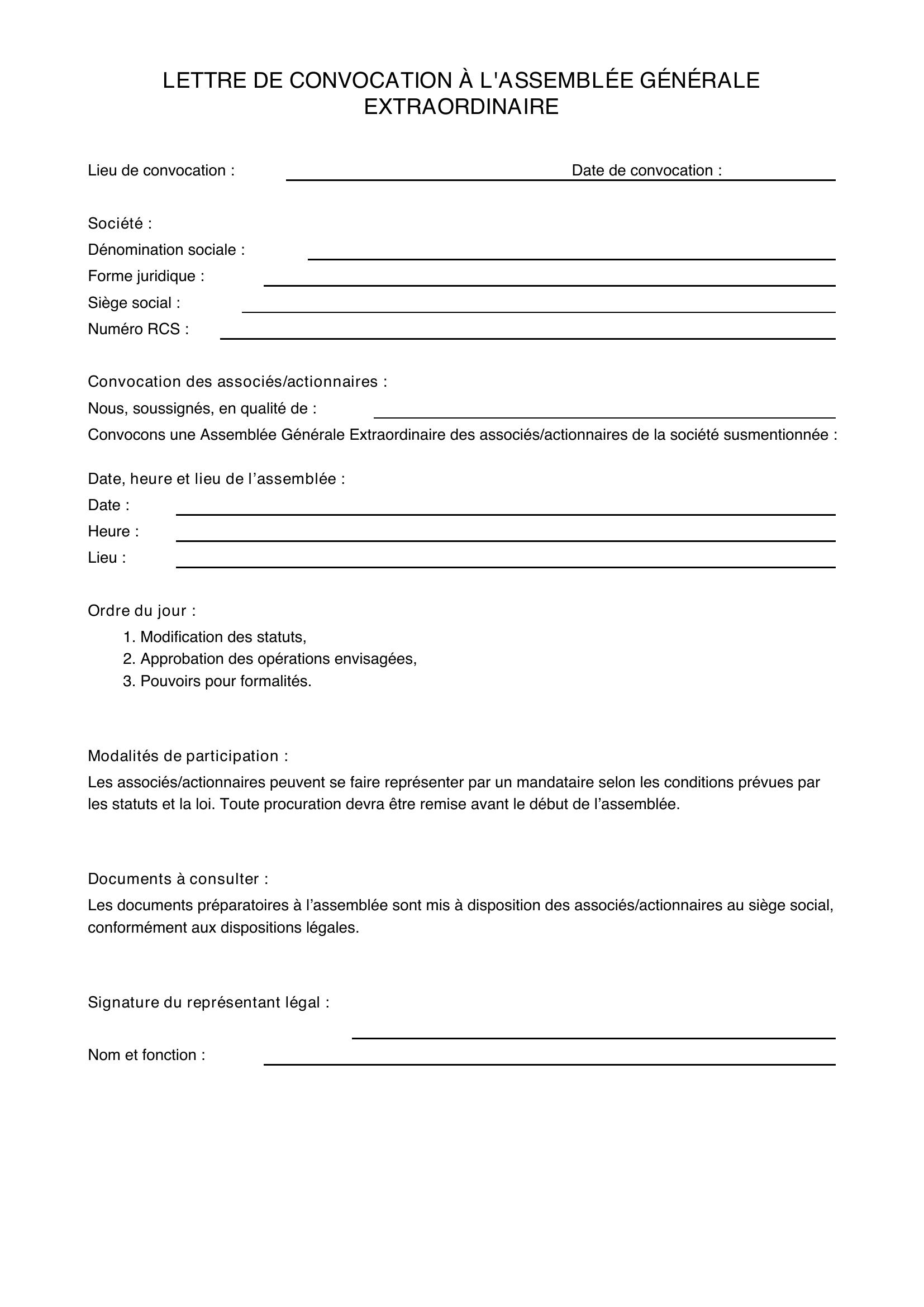 Modèle Lettre Demande Assemblée Générale Extraordinaire