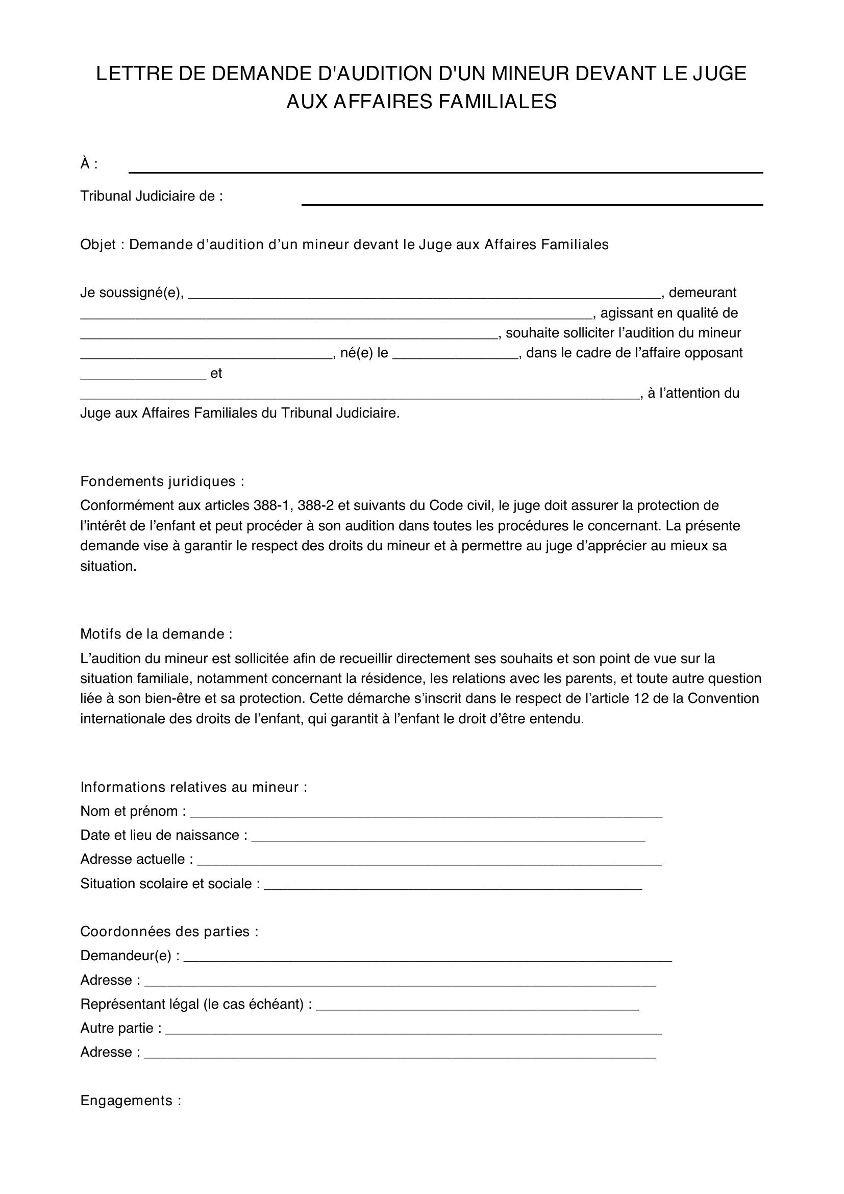 Modèle Lettre Demande Audition Mineur Jaf