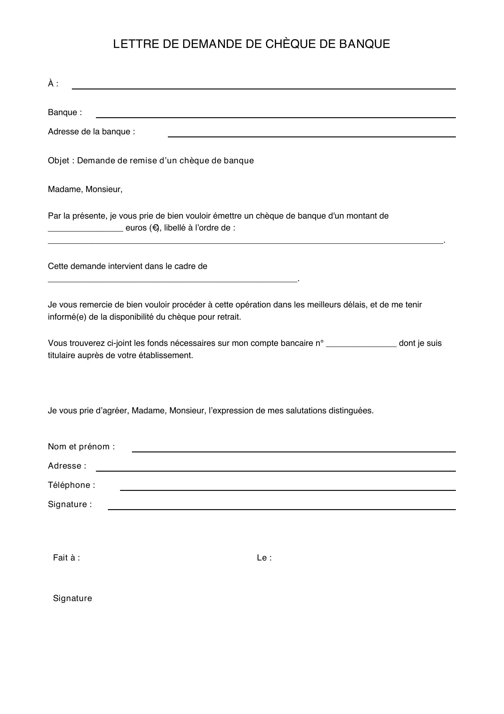 Modèle Lettre : Demande Chèque De Banque