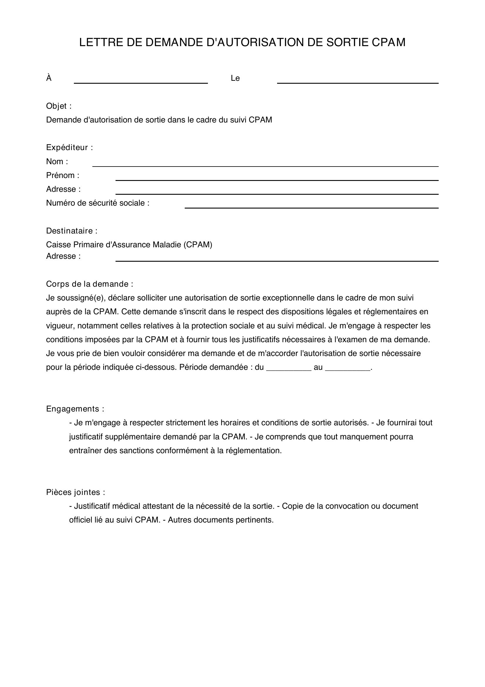 Modèle Lettre Demande D'Autorisation De Sortie Cpam