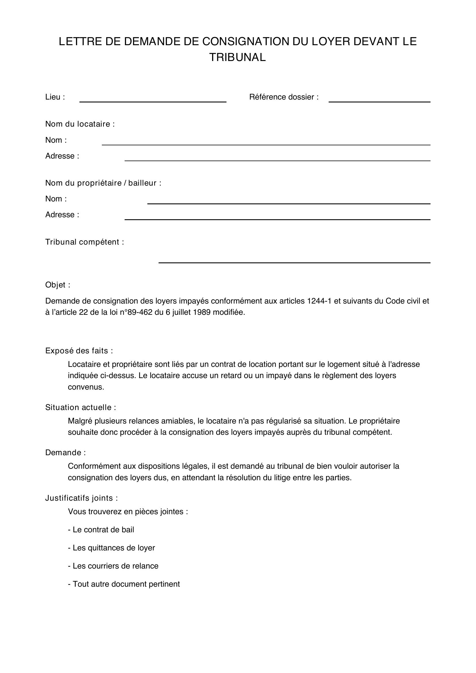 Modèle De Lettre Demande De Consignation Du Loyer Devant Le Tribunal