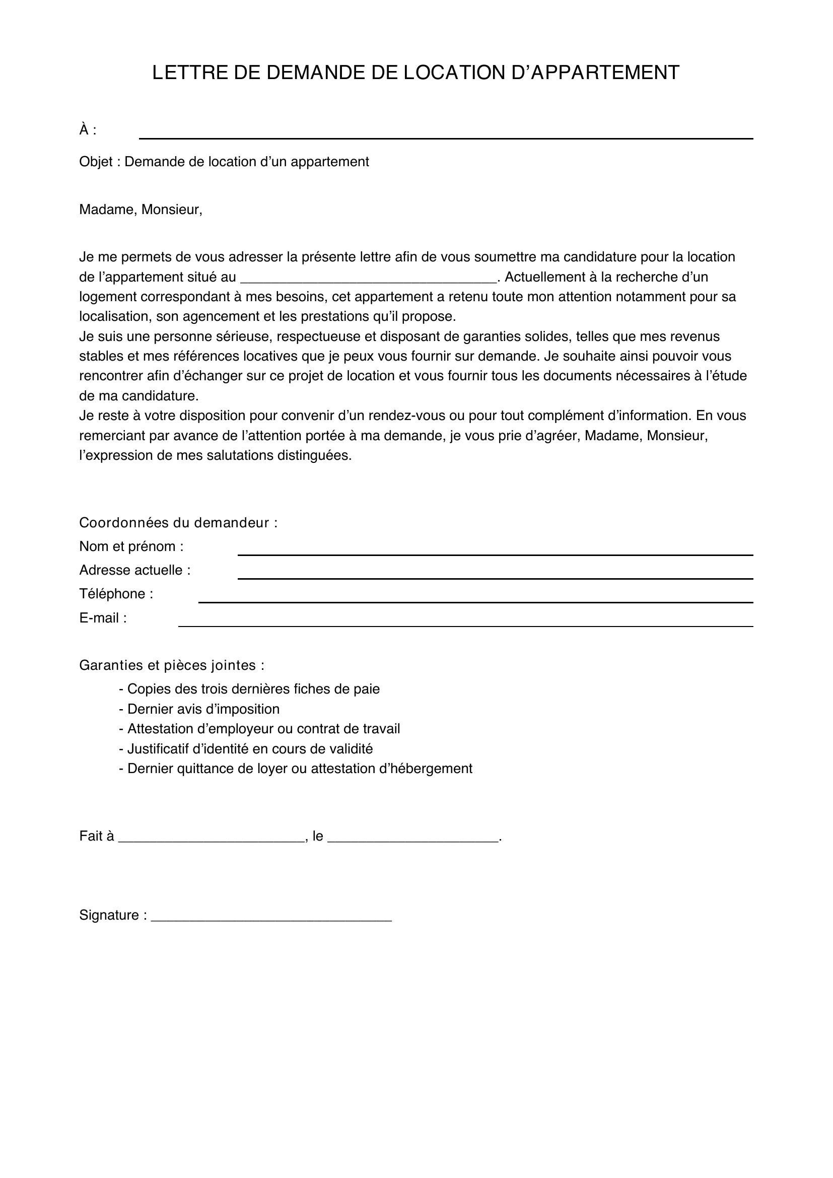 Lettre Demande De Location Appartement Particulier