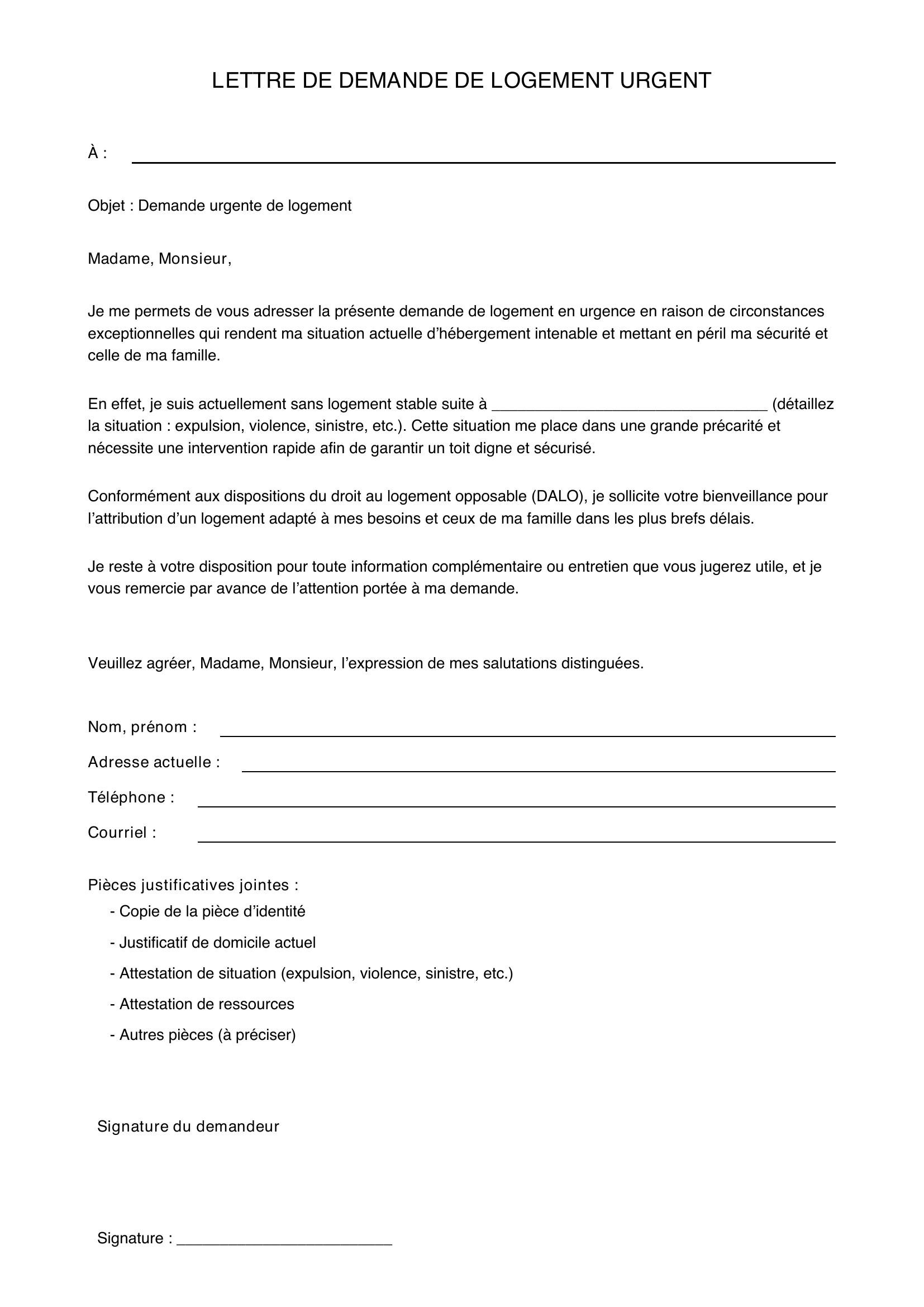Modèle Lettre Demande De Logement Urgent