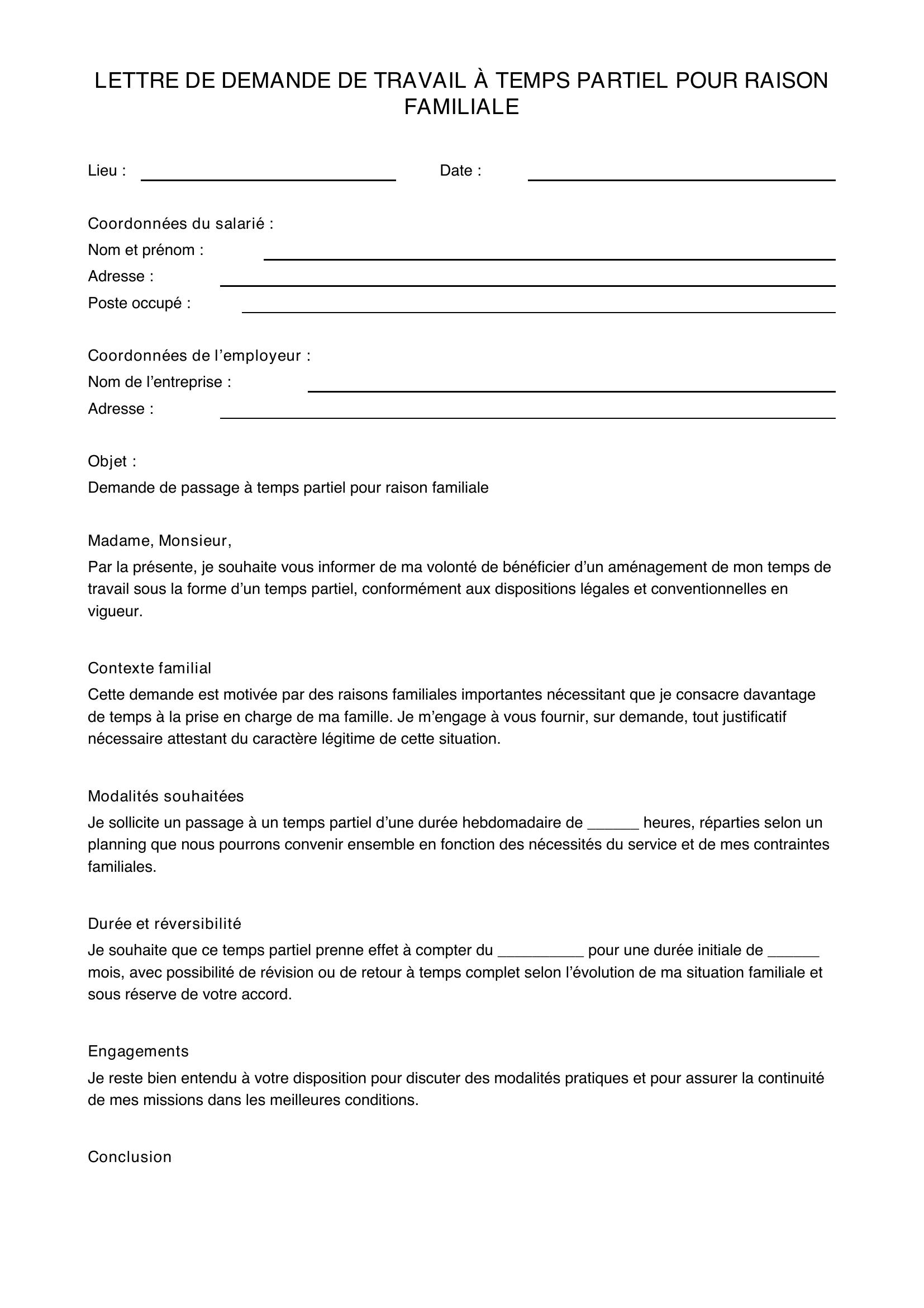 Lettre Demande De Travail À Temps Partiel Pour Raison Familiale