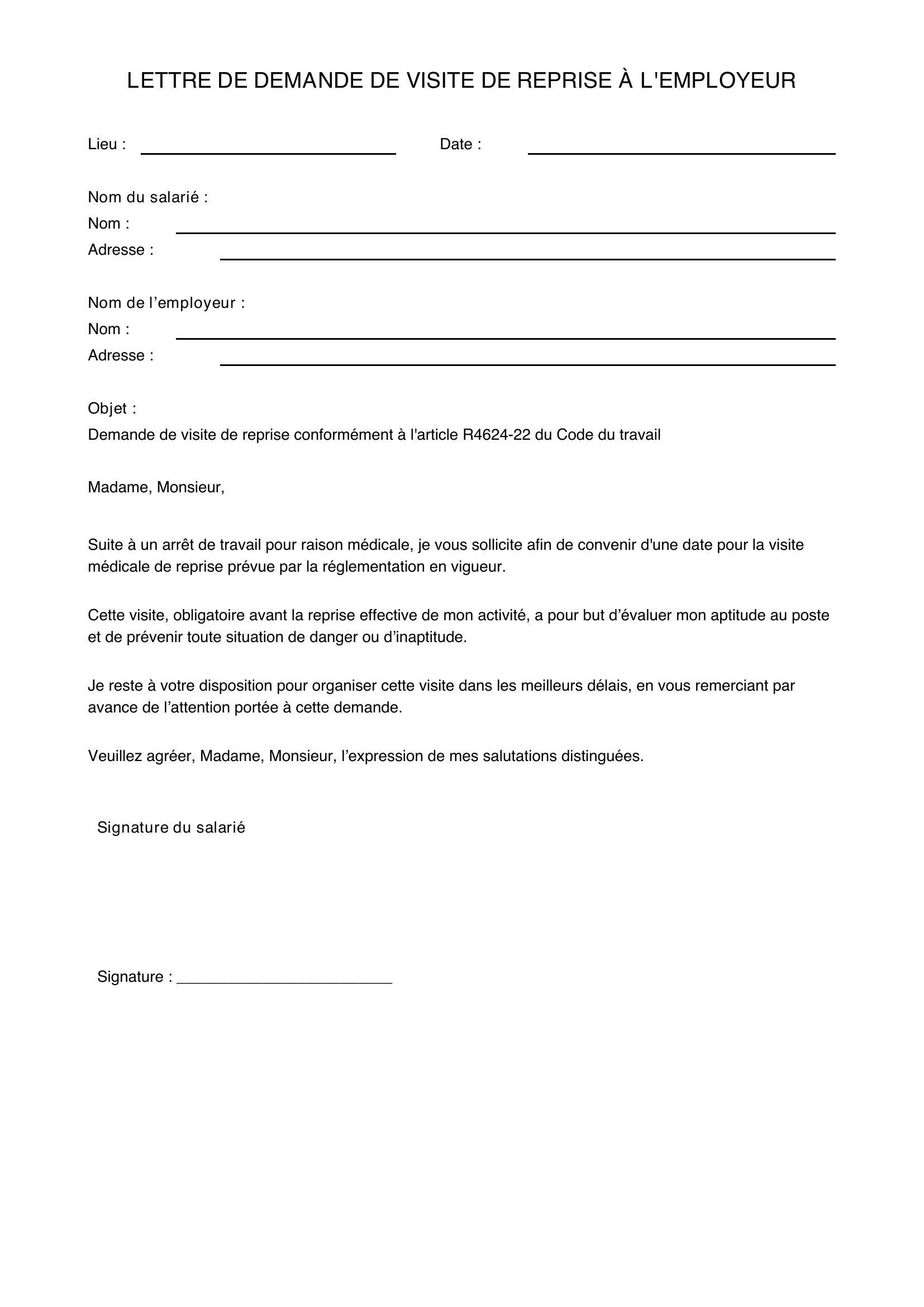 Modele Lettre Demande De Visite De Reprise À L'Employeur
