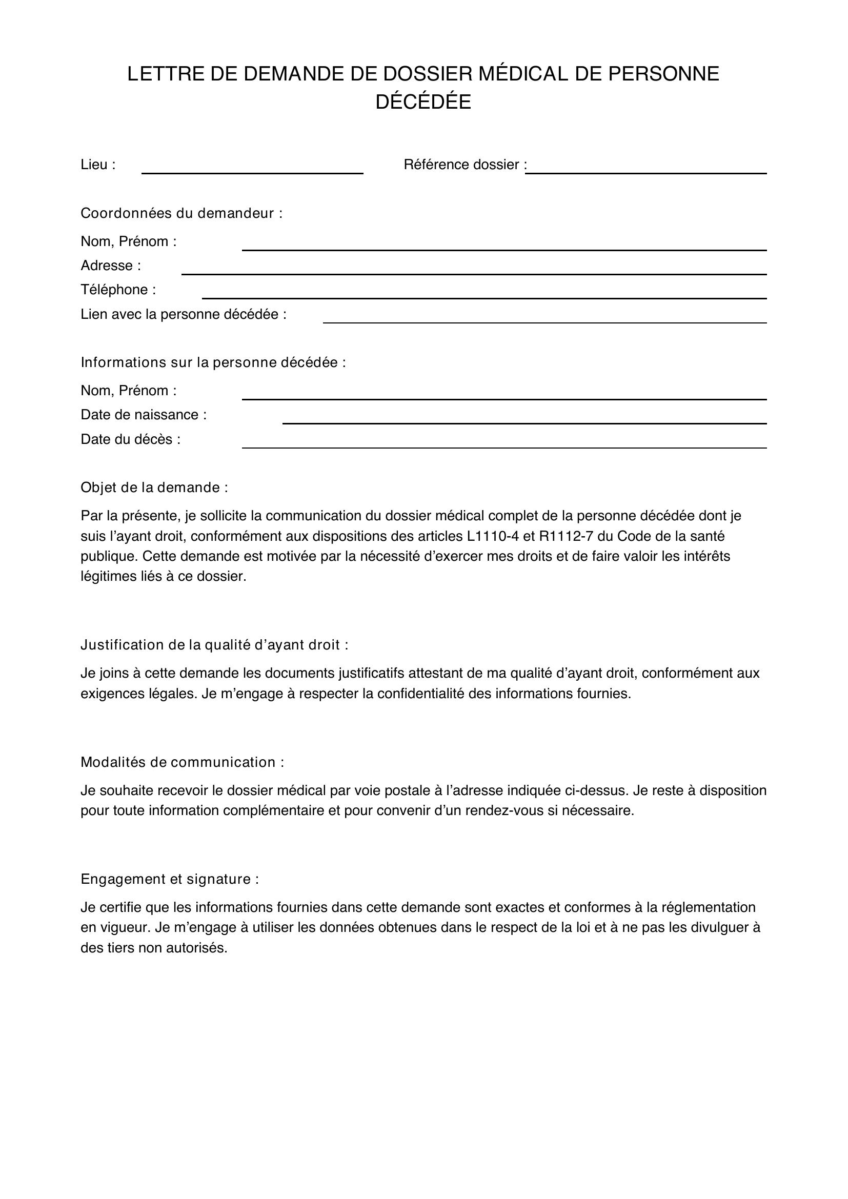 Modèle Lettre Demande Dossier Médical Personne Décédée