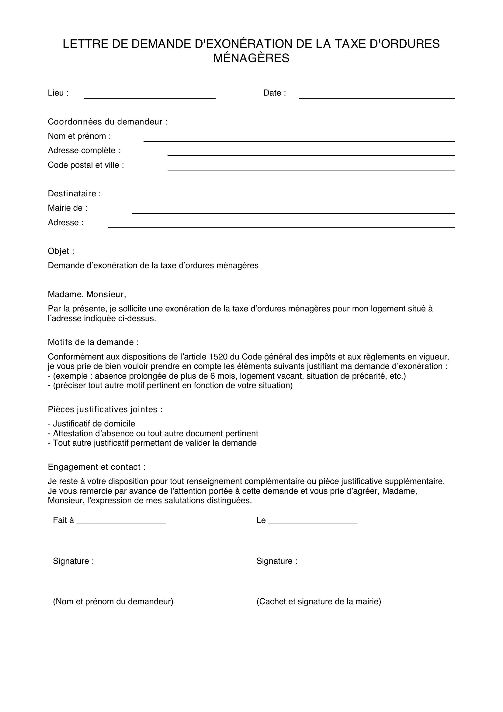 Modèle Lettre Demande Exonération Taxe Ordures Ménagères
