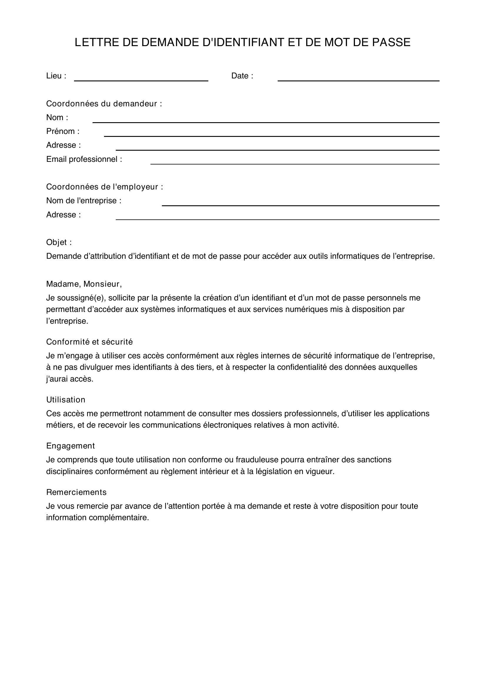 Modèle Lettre Demande Identifiant Et Mot De Passe