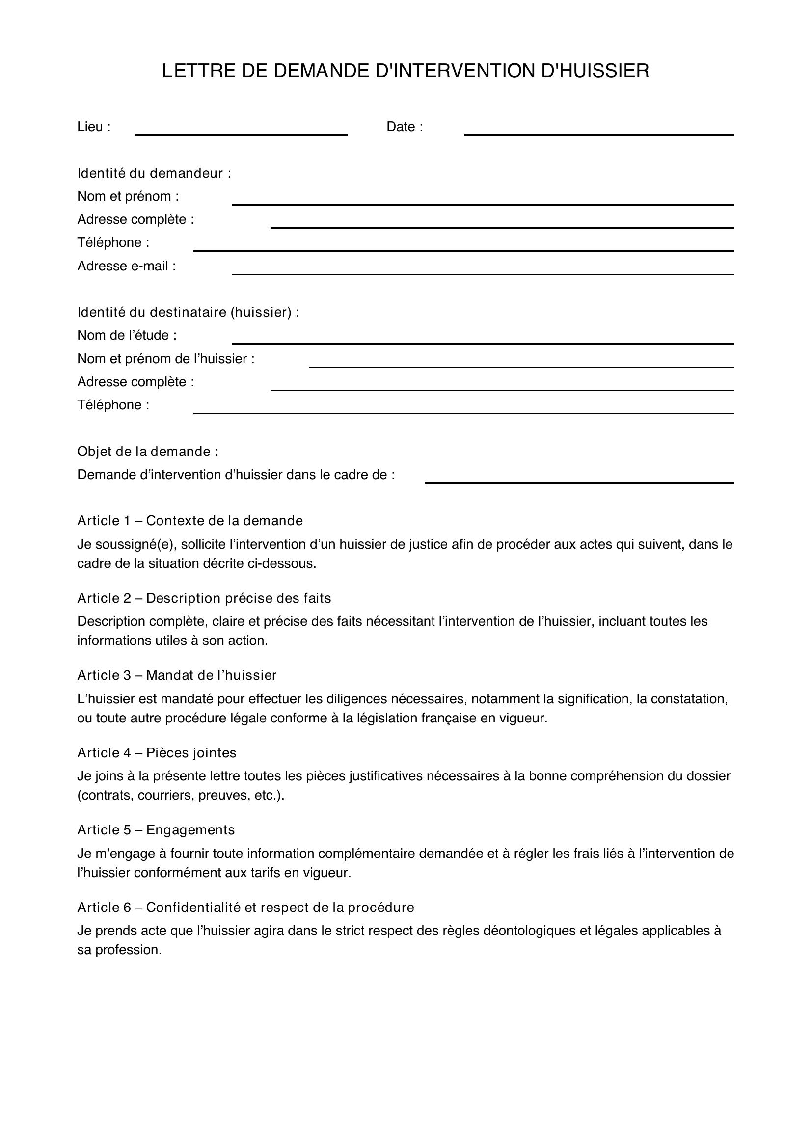 Modèle Lettre Demande Intervention Huissier