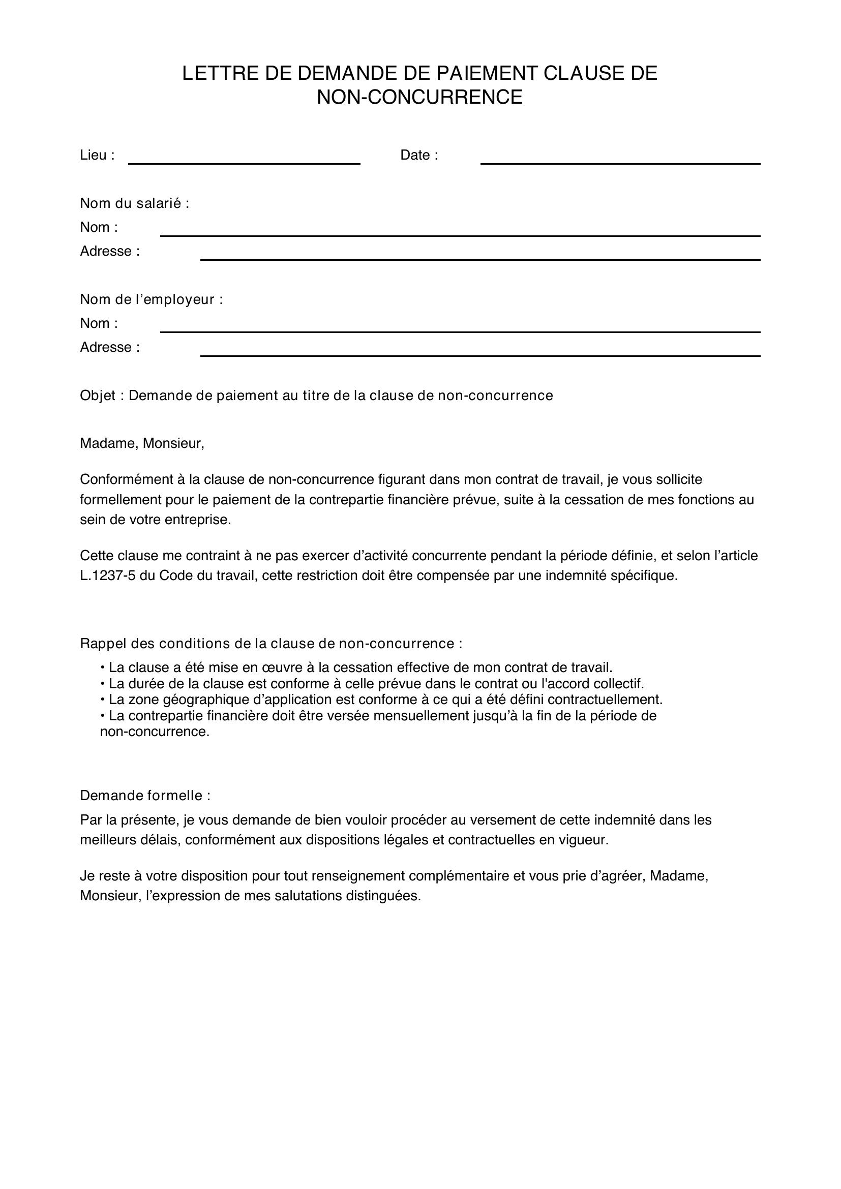 Lettre Demande Paiement Clause Non-Concurrence