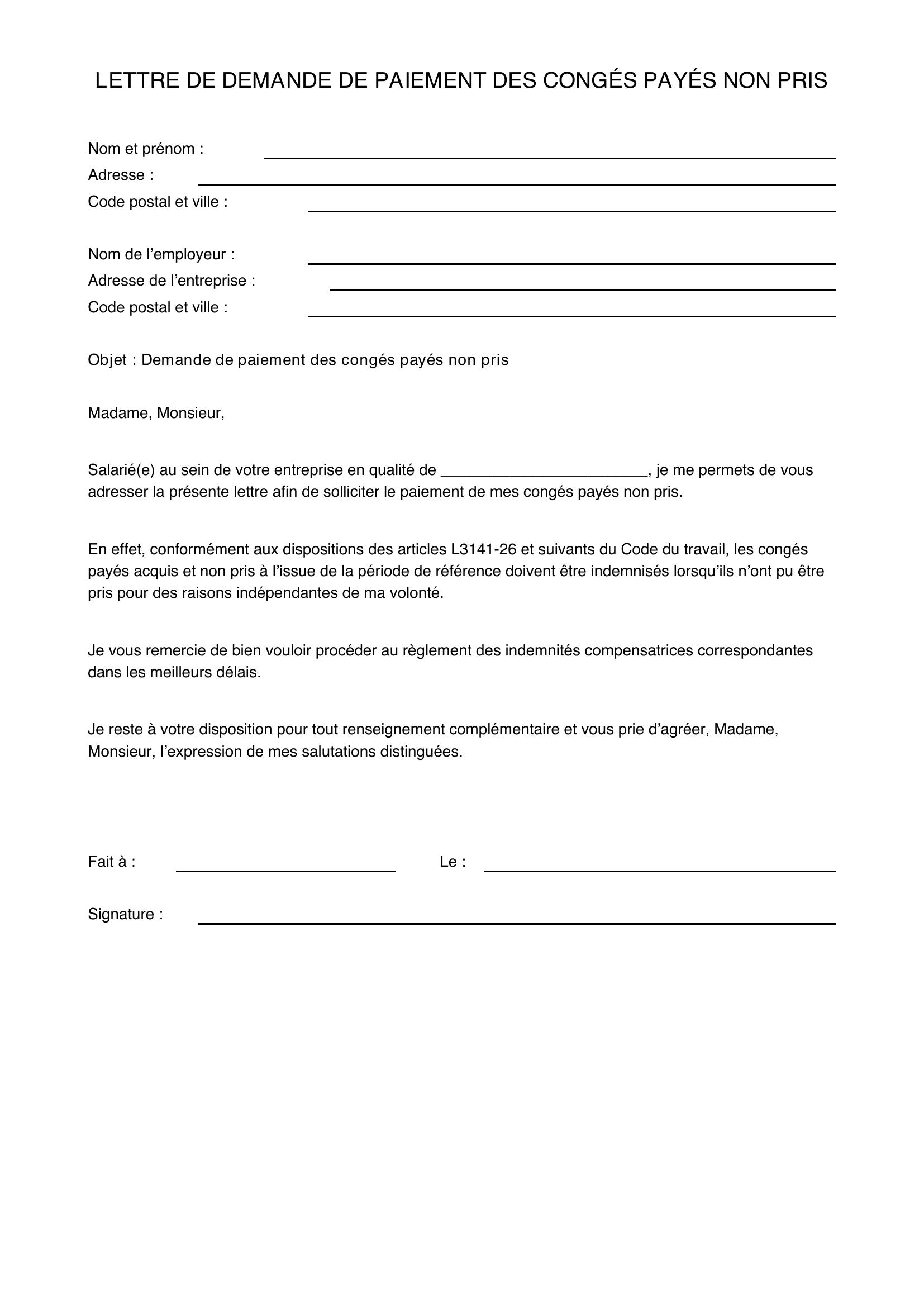 Lettre Demande Paiement Congés Payés Non Pris