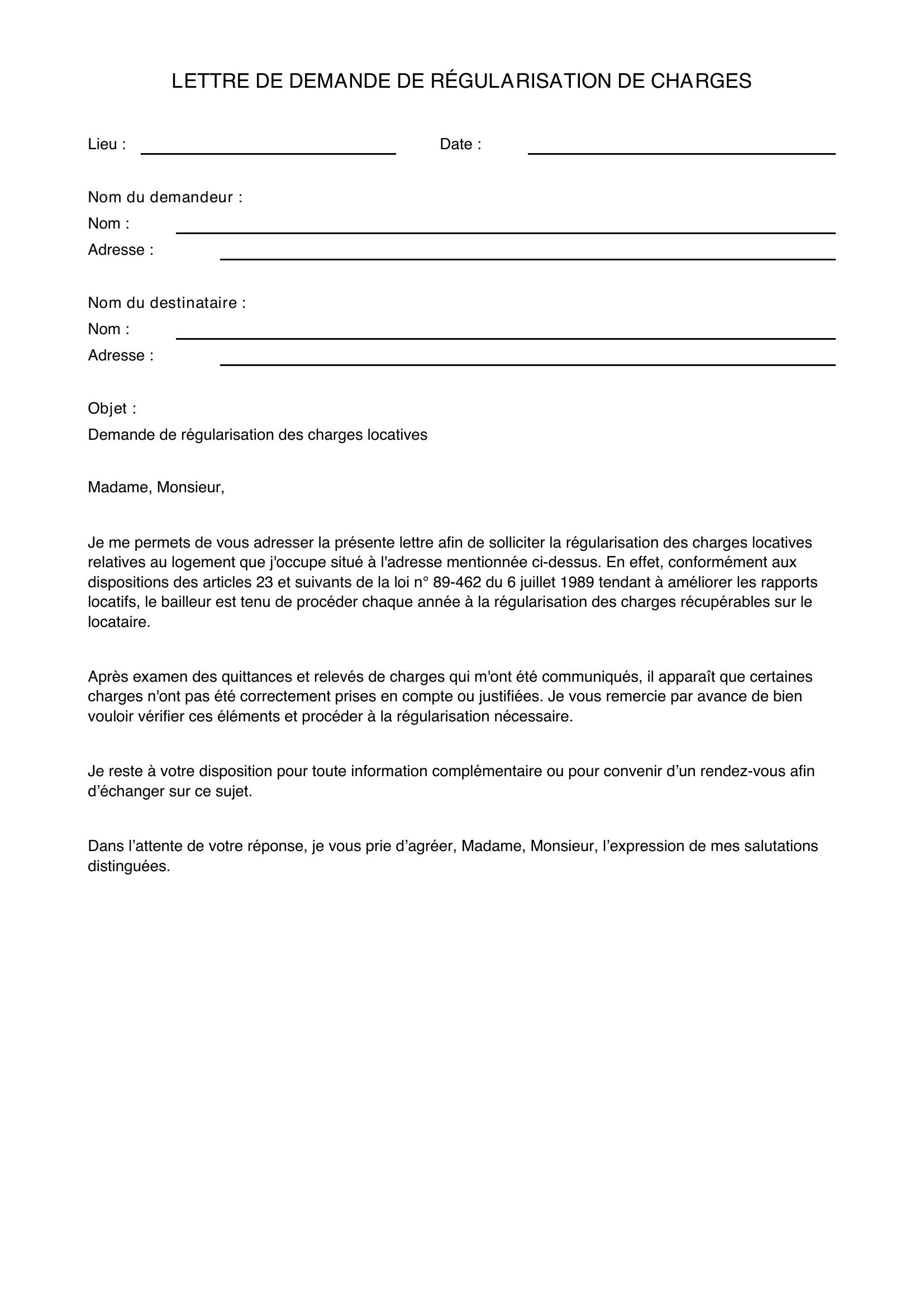 Modèle Lettre Demande Régularisation Charges