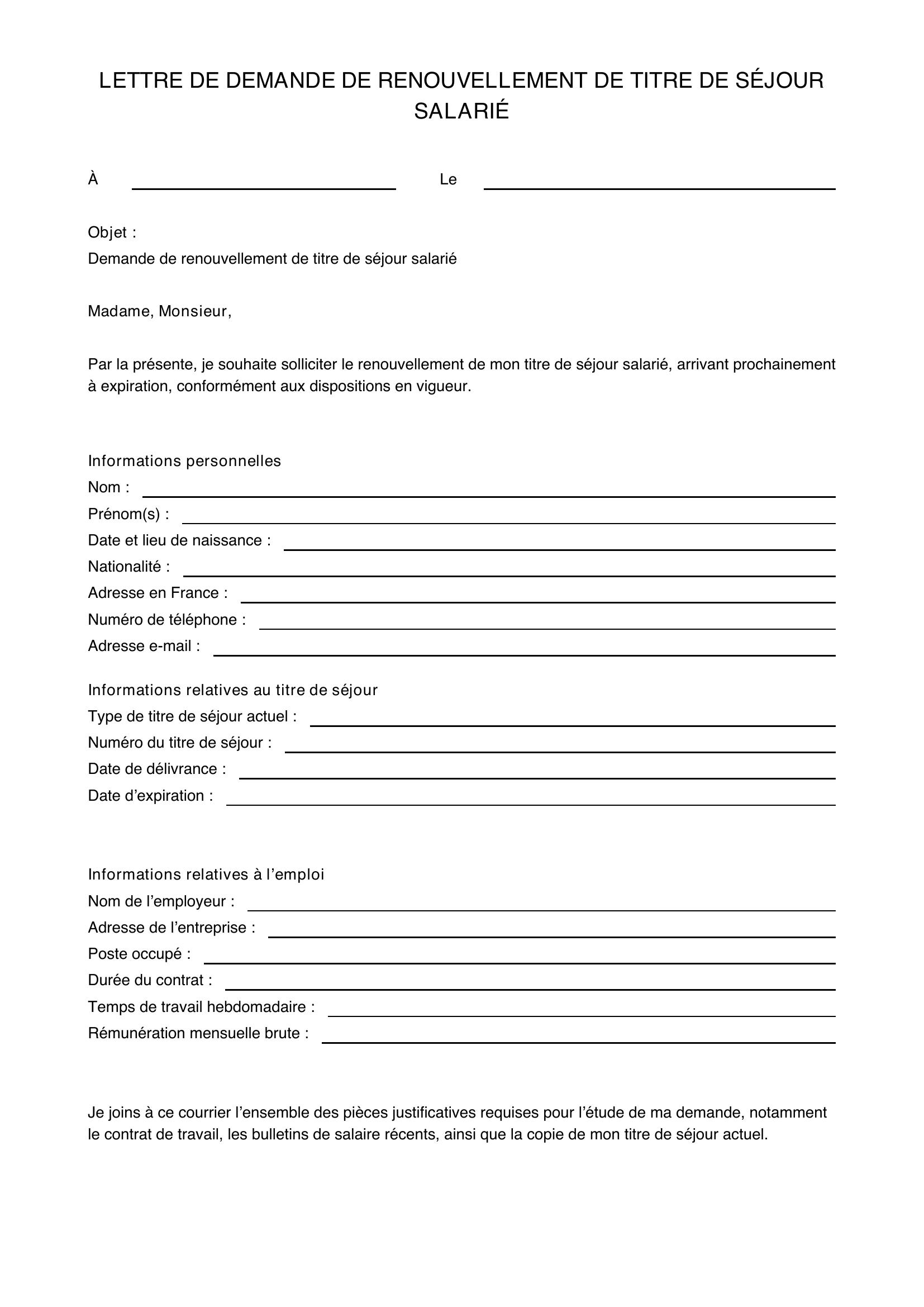 Modèle Lettre Demande Renouvellement Titre De Séjour Salarié