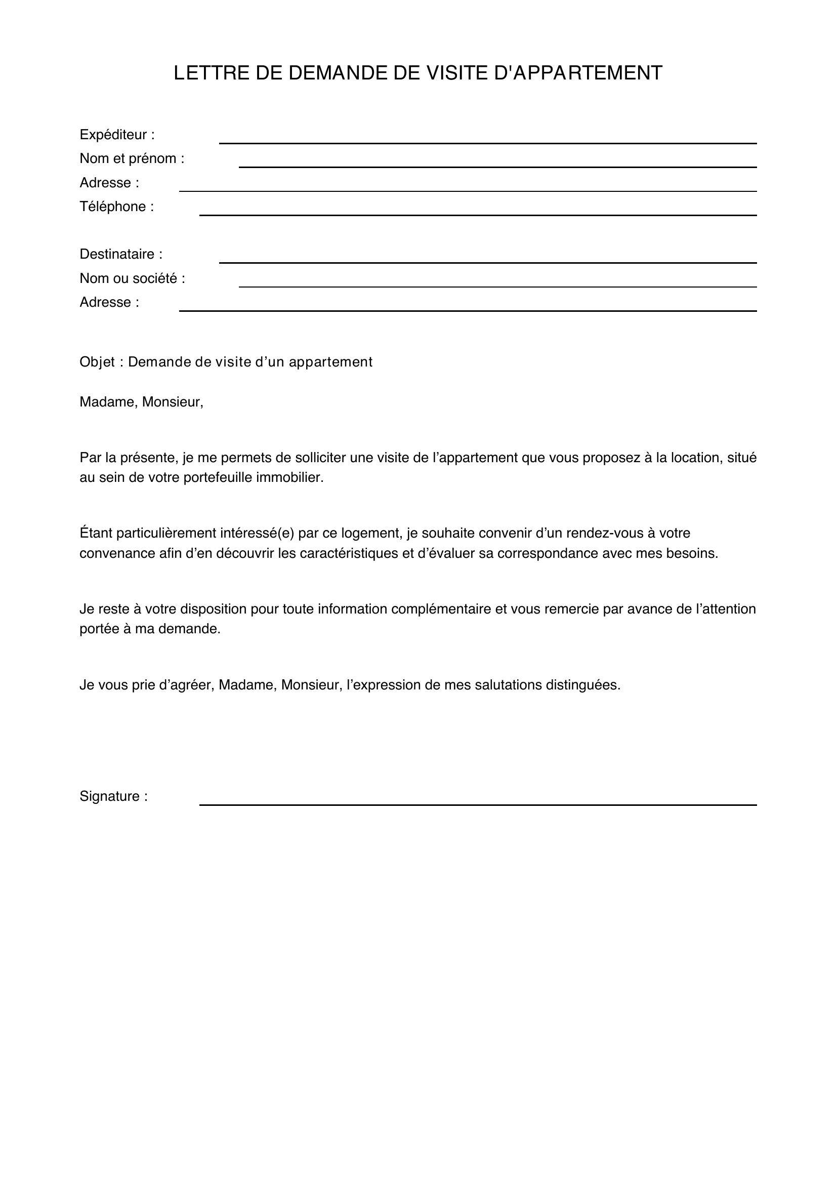 Modèle Lettre Demande Visite Appartement