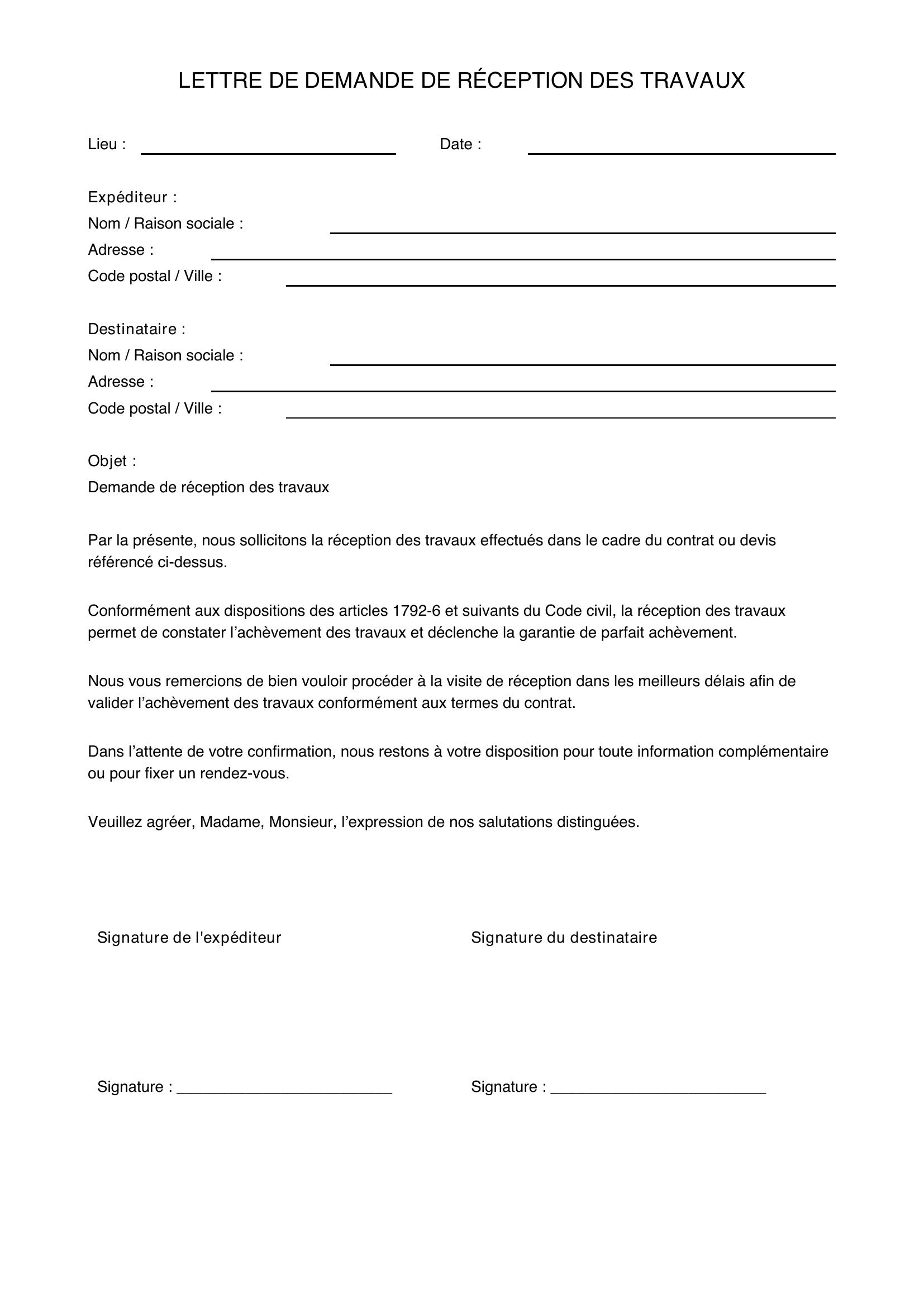 Modèle De Lettre Pour Demande De Réception Des Travaux