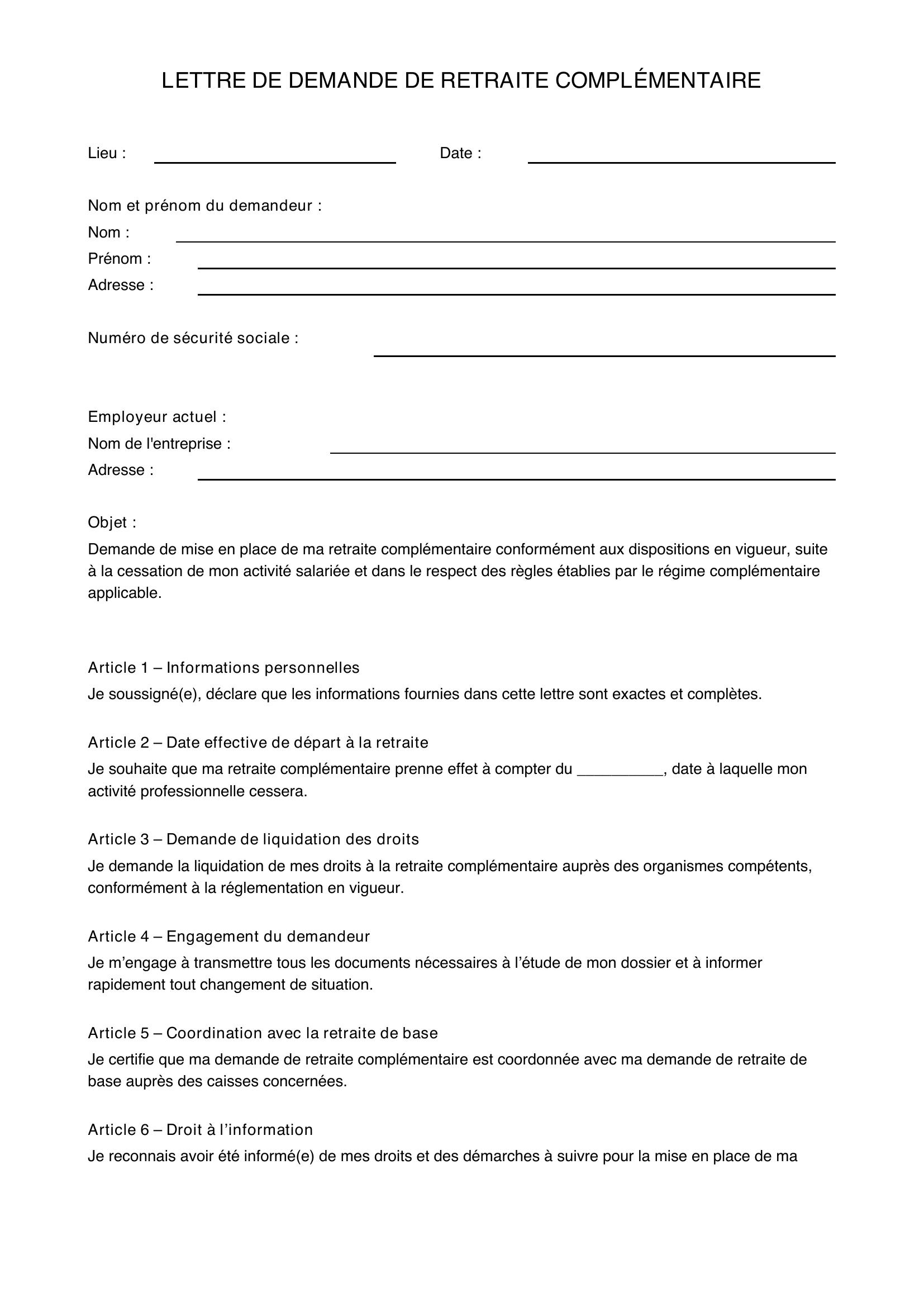 Modèle De Lettre Pour Demande De Retraite Complémentaire