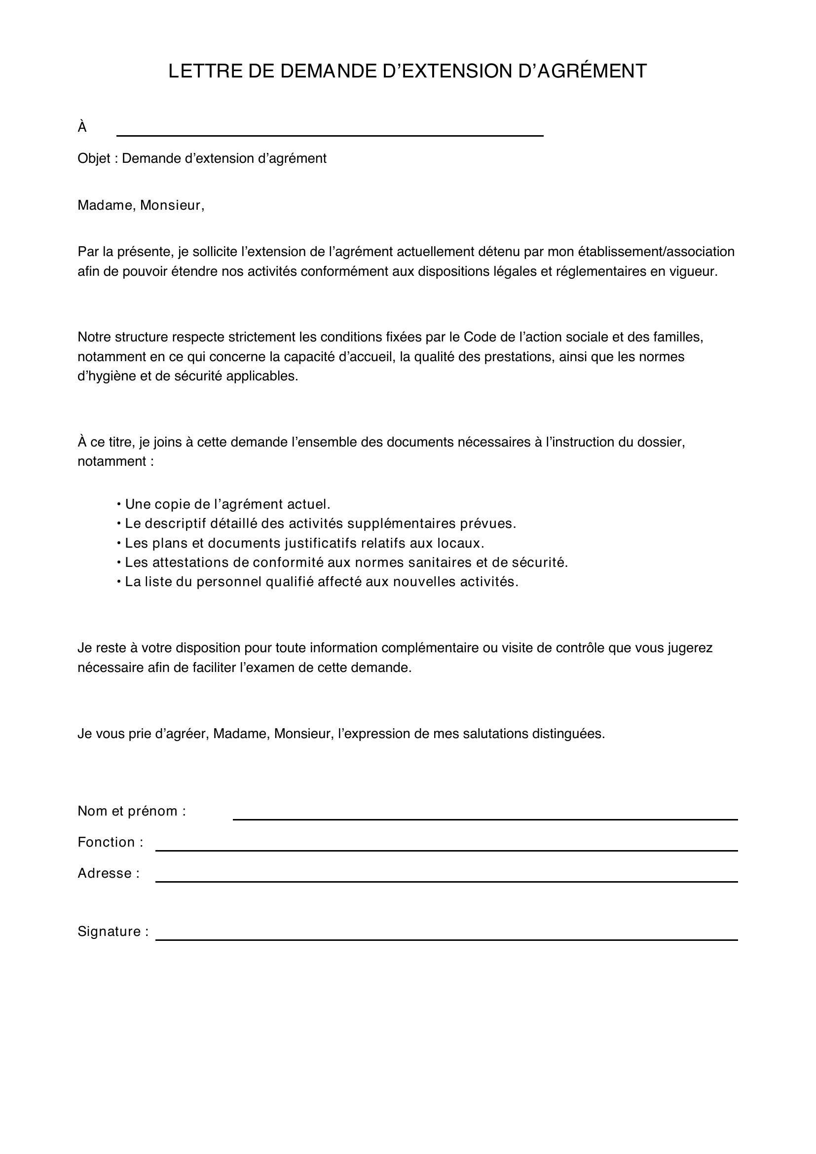Modèle De Lettre Pour Demande Extension D'Agrément