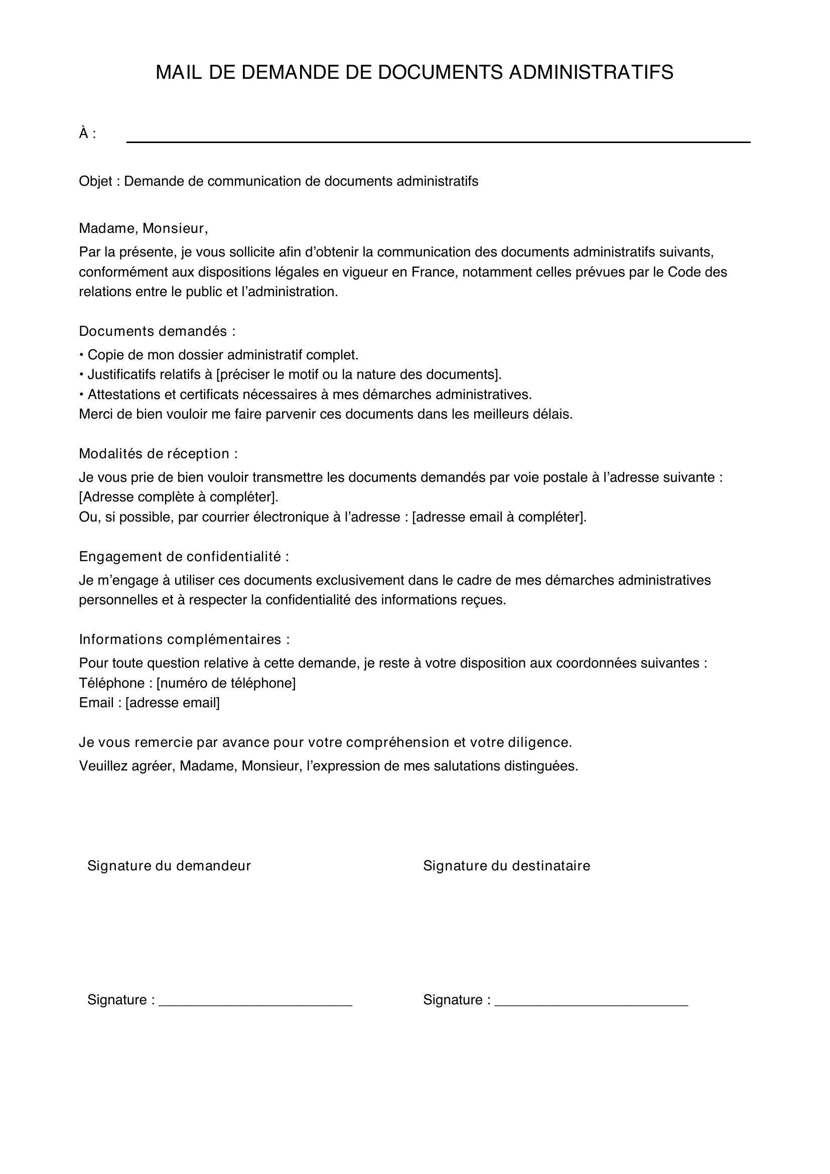 Mail Demande De Documents Administratifs